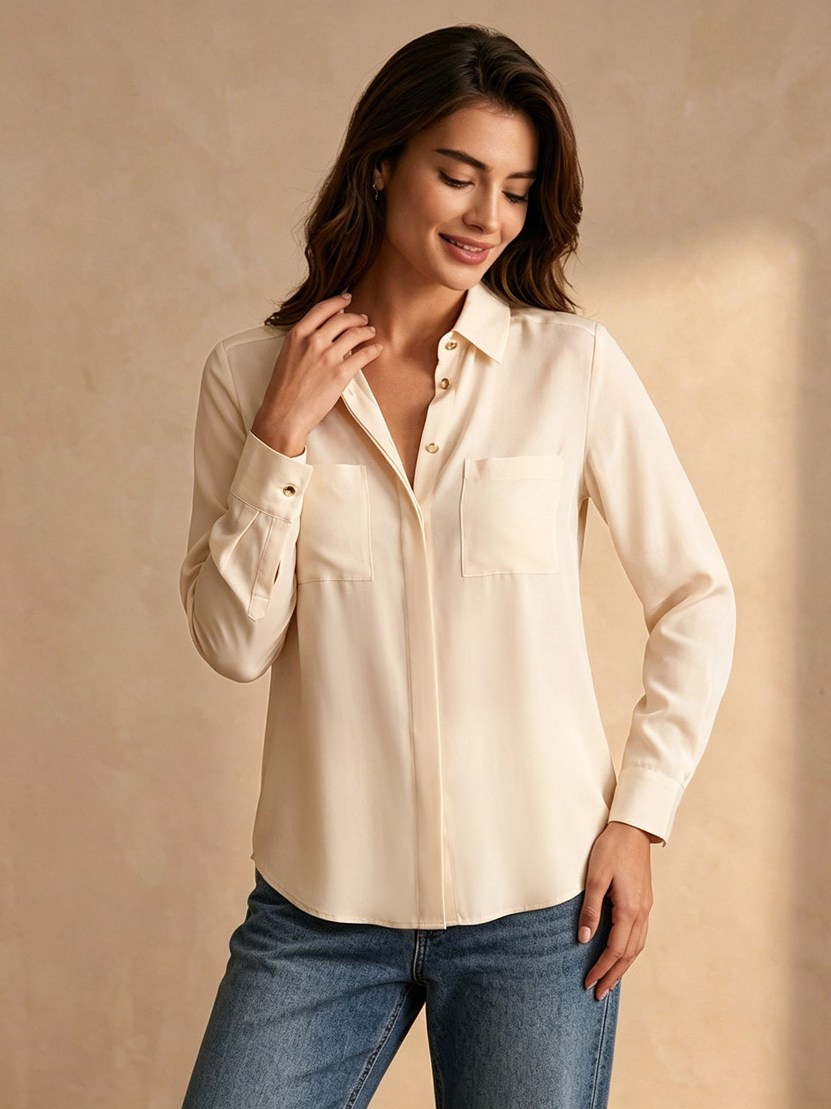 Simple silk crepe de chine shirt with concealed buttons #color_Light Lemon Yellow