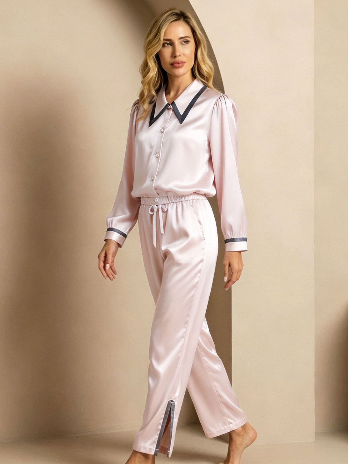 Peak Collar Long Sleeve Trousers Suit#color_Blush Beige