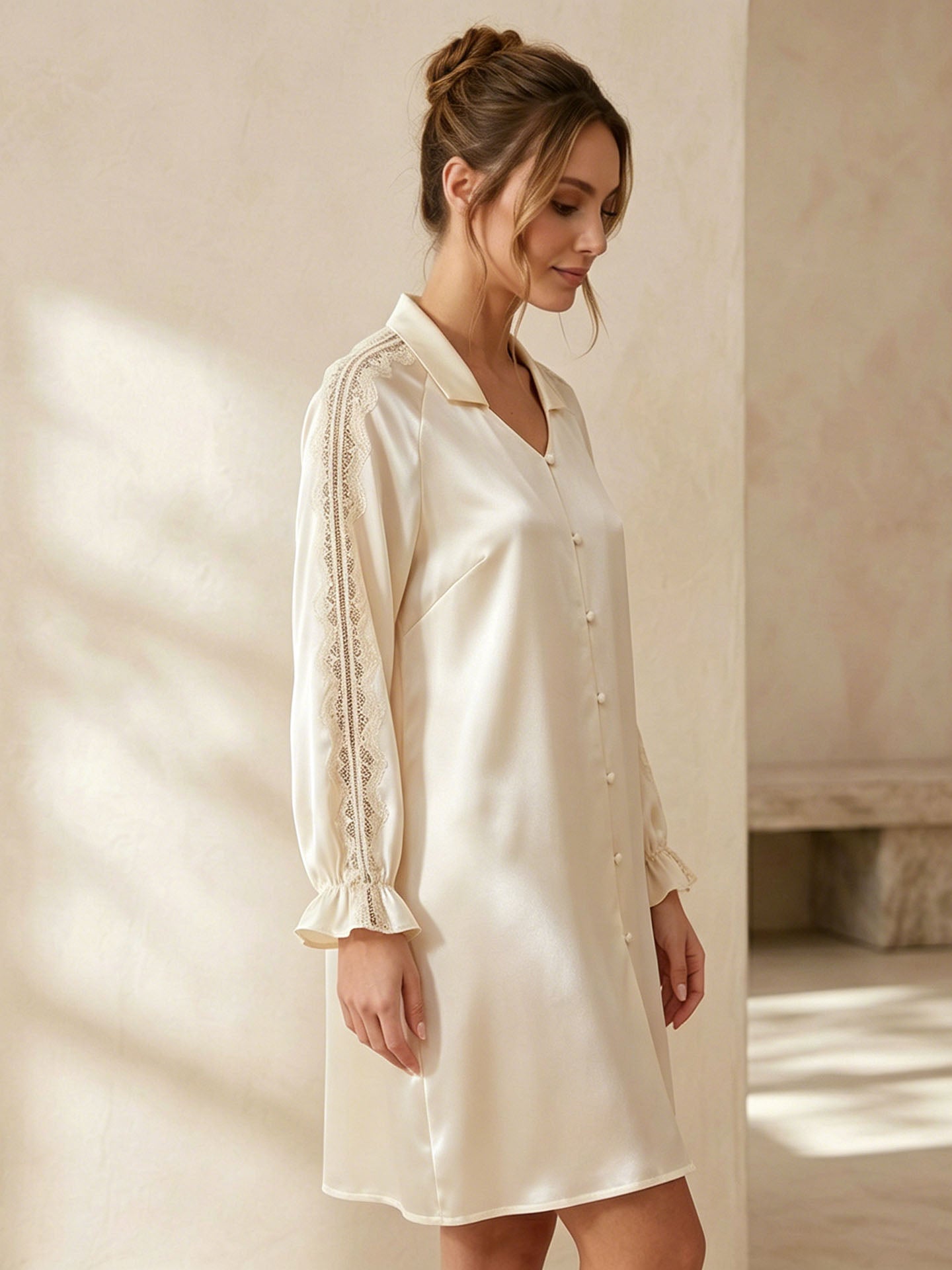 Lace Panel Raglan Sleeve Nightdress #color_Light Lemon Yellow