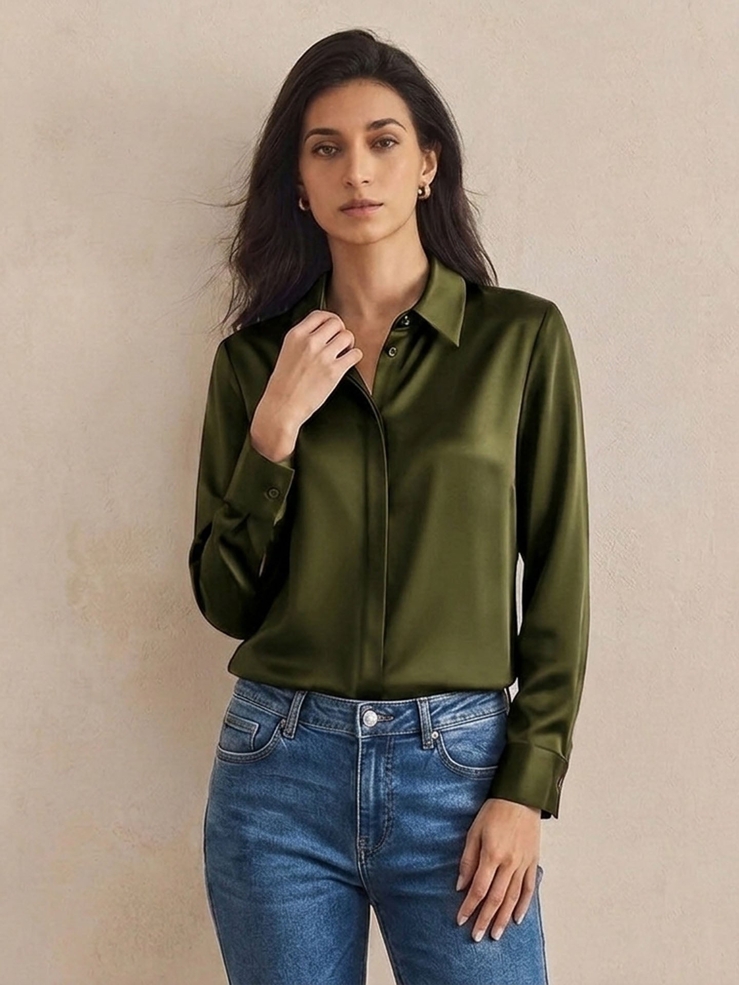 Versatile Elegance Stretch Silk Blouse#color Army Green