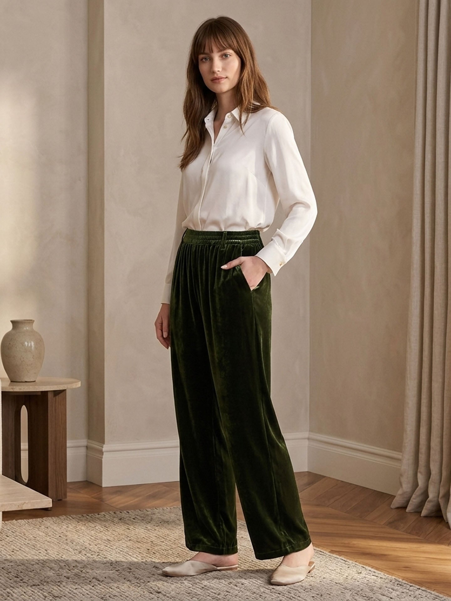 Silk Velvet Trousers#color_Dark Green