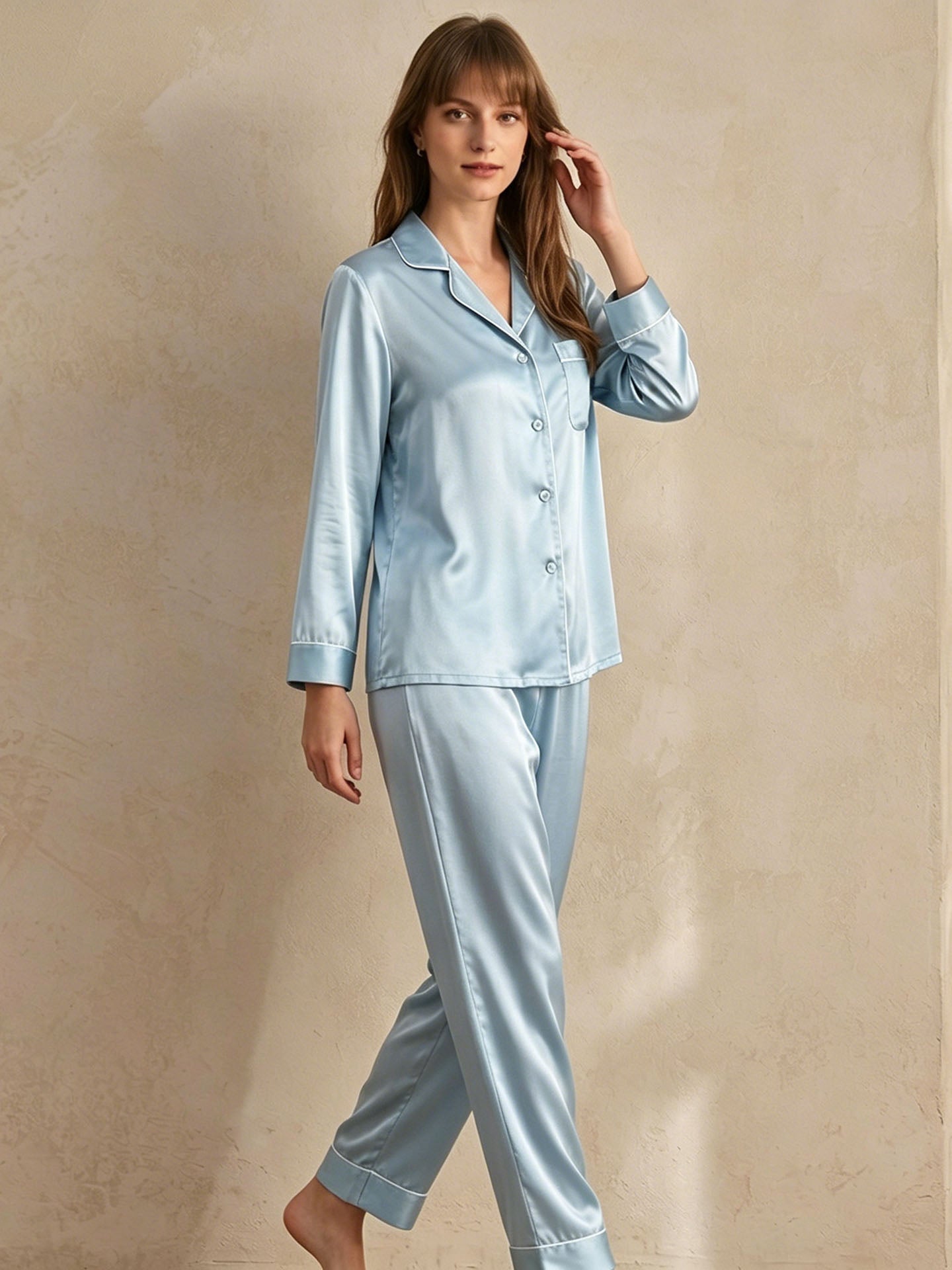 19 Momme Classic Silk Long Sleeve Long Pants Pajama Set#color_Mint Green