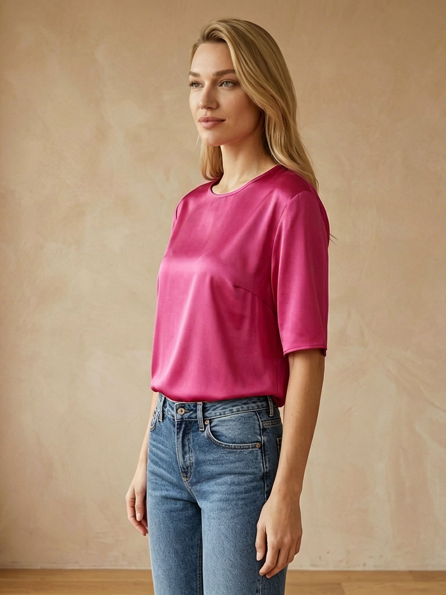 Pure Mulberry Silk Classic Crew-Neck Top#color_Fuchsia