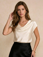 Silk Cowl Neck Cap-Sleeve Top#color_Ivory White