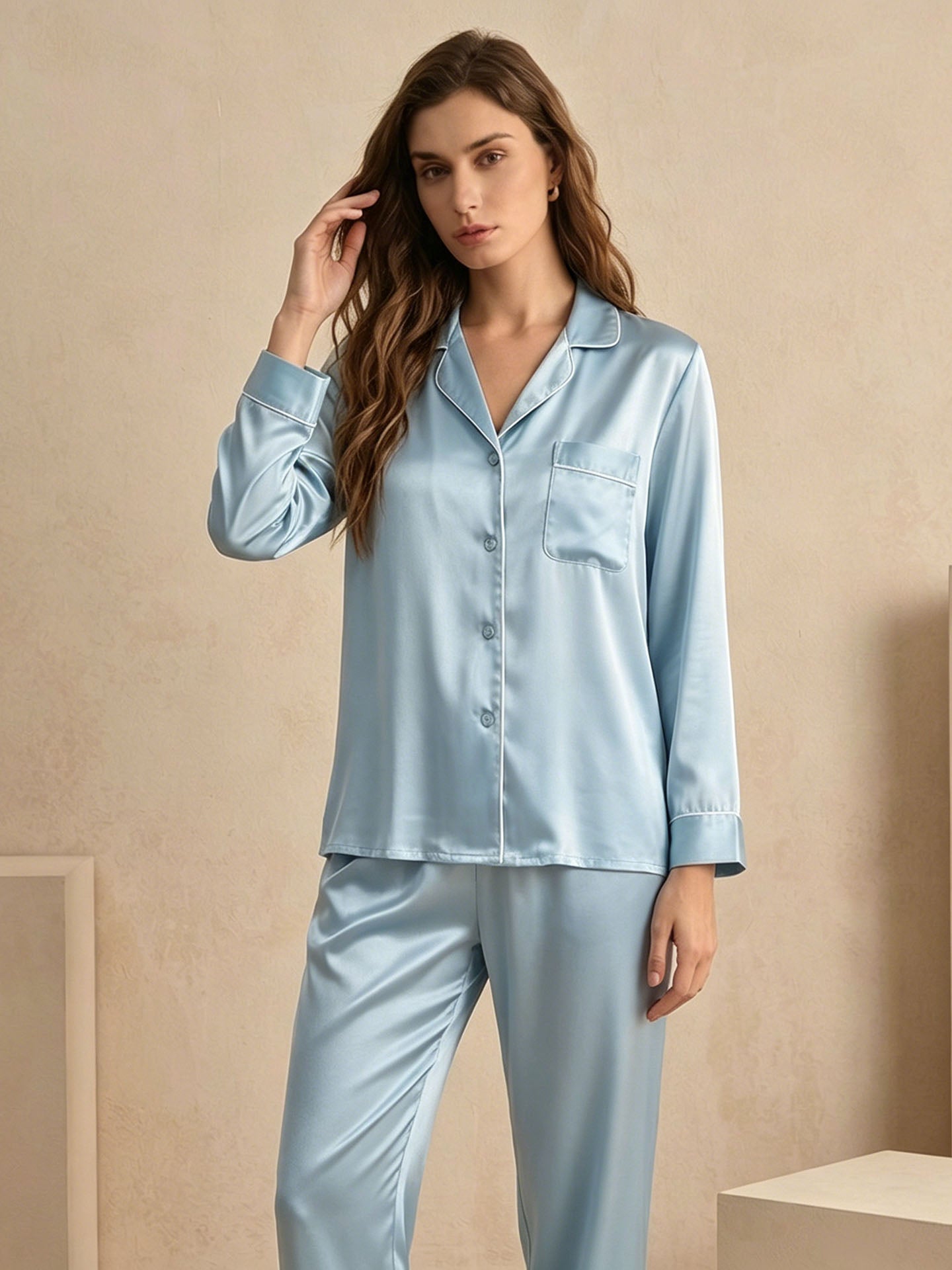 Classic Silk Long Sleeve Long Pants Pajama Set #color_Mint Green