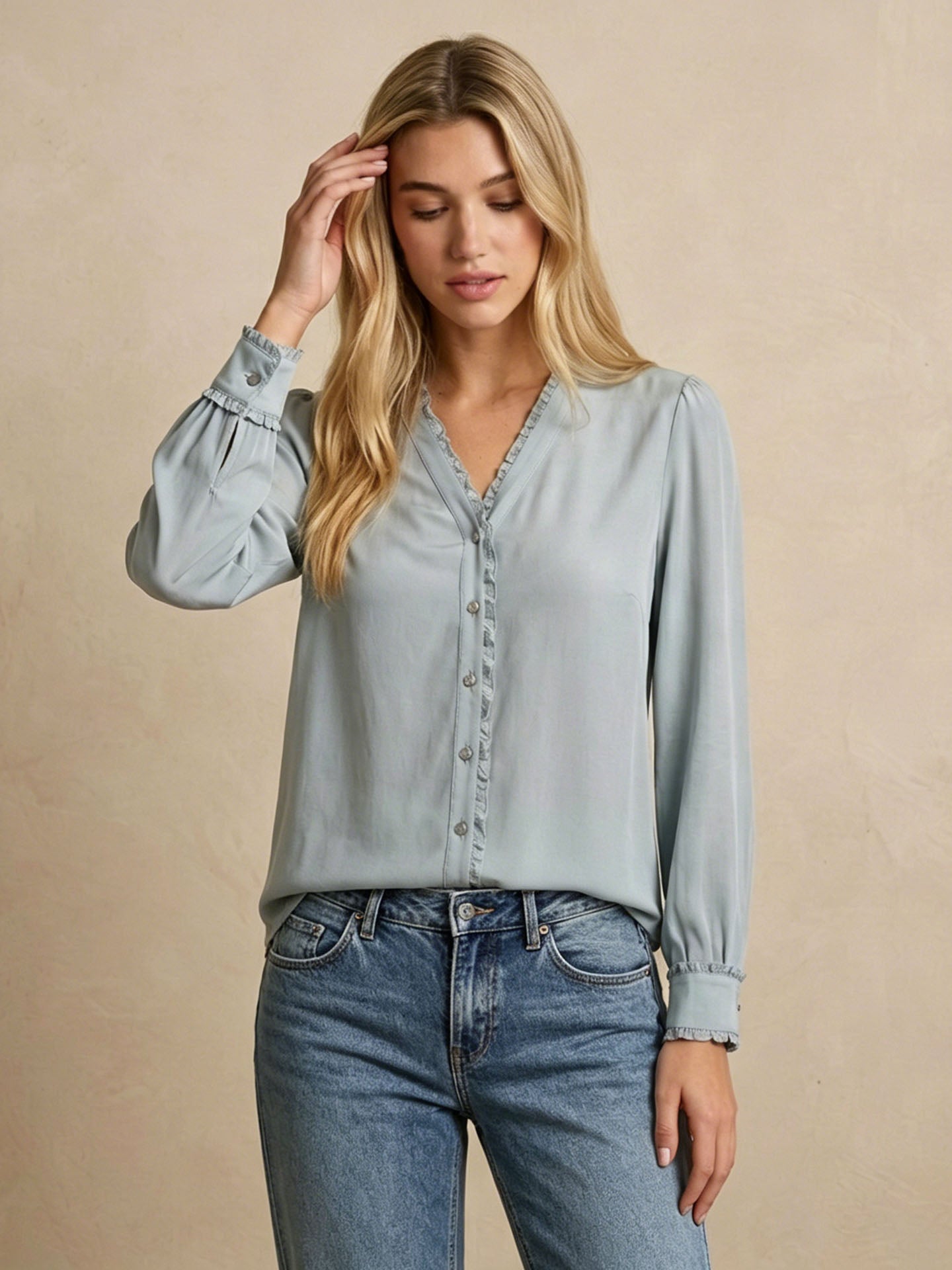 Lace-trimmed crepe de chine silk shirt #color_Baby Blue