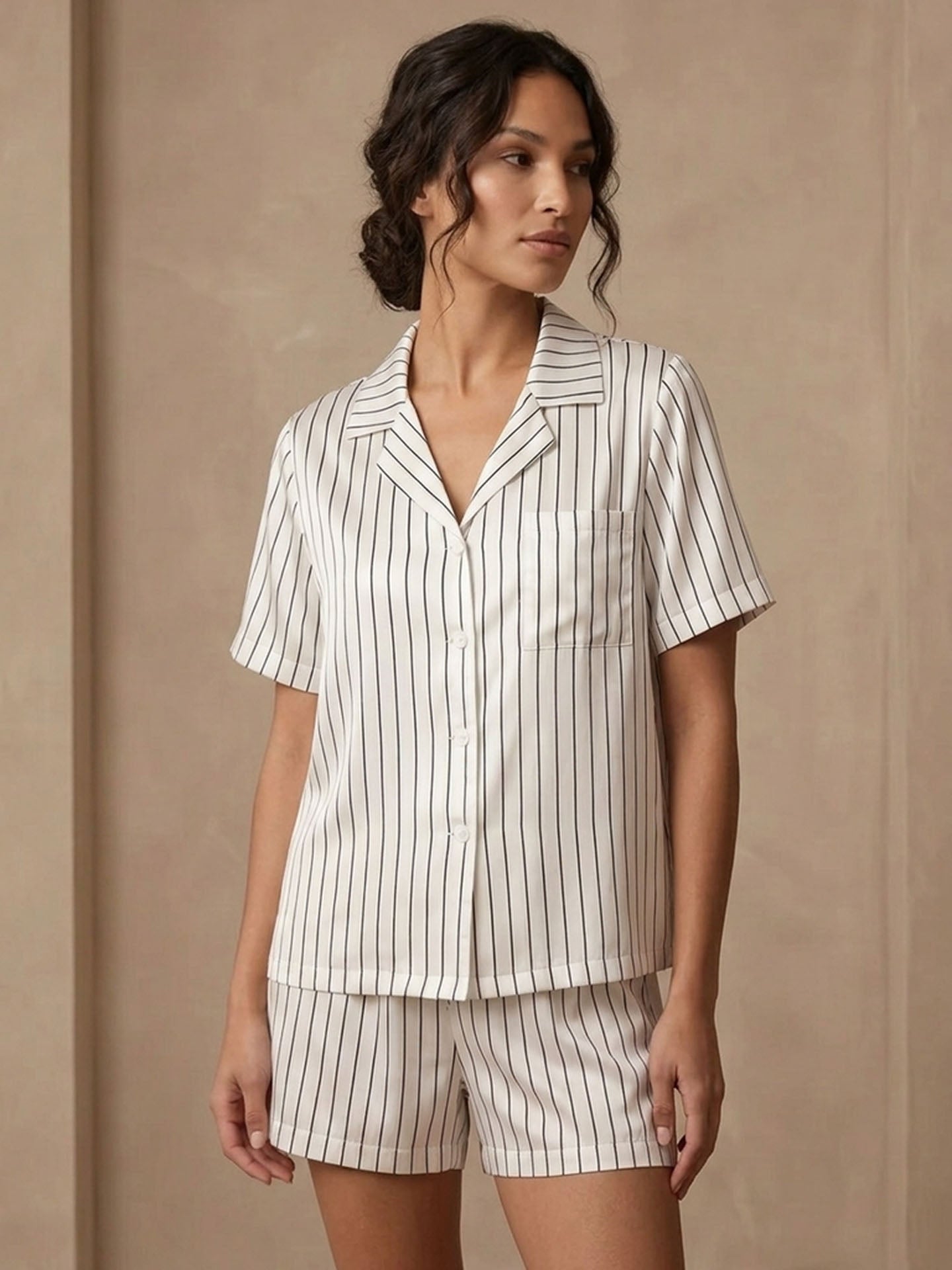 Striped Print Short-sleeved Shorts Set #color_White