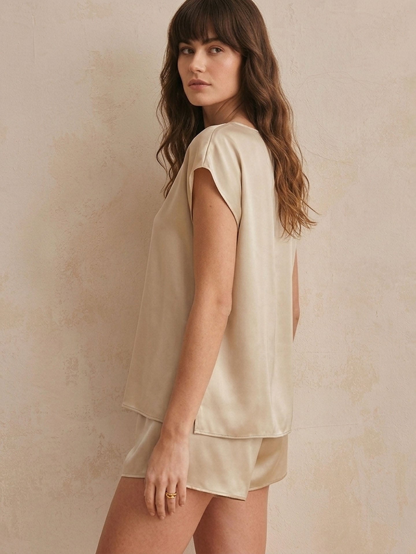 Silk Pajama Shorts Set#color_Golden Beige