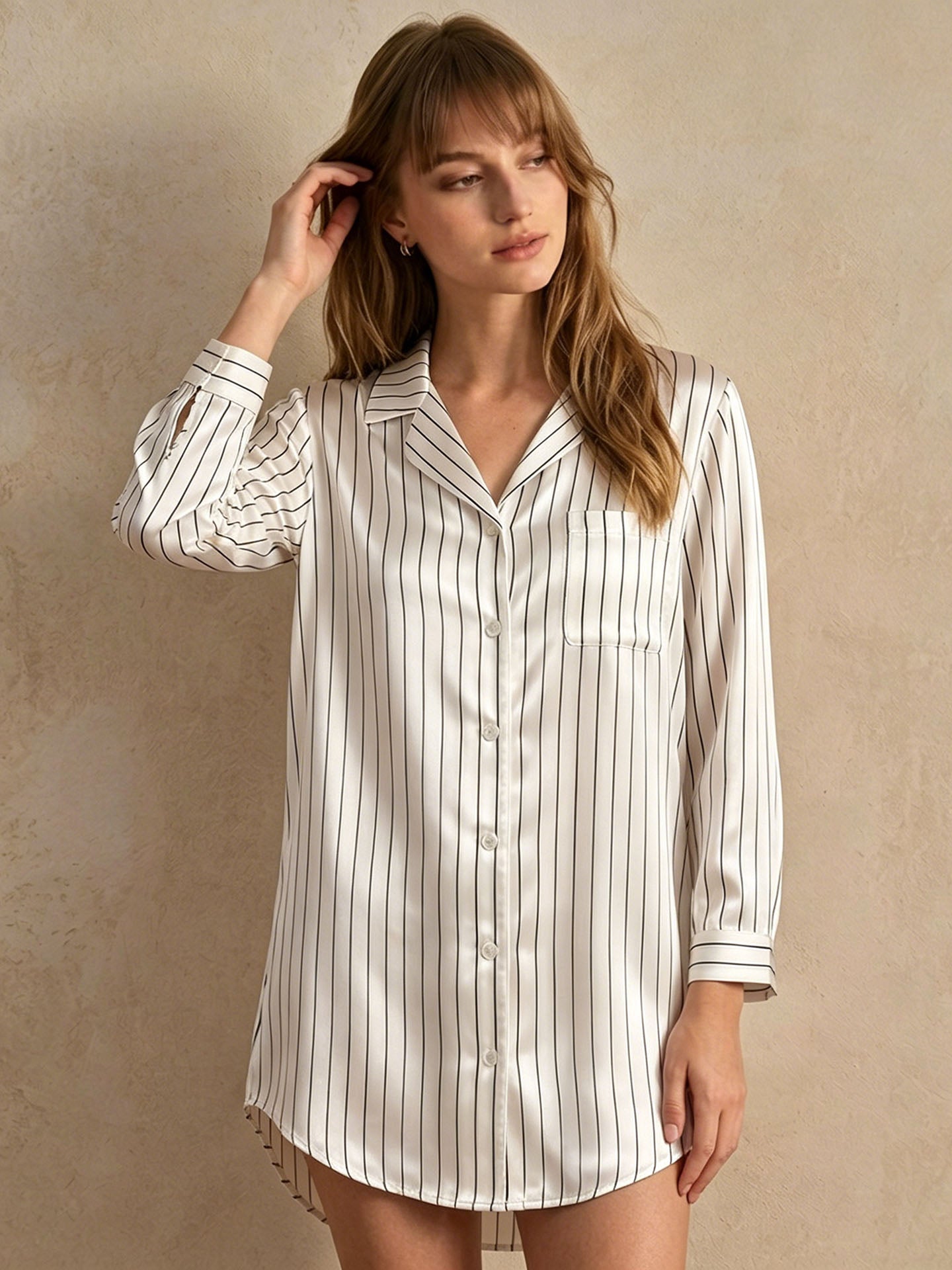 Striped Print Shirt Dress #color_White