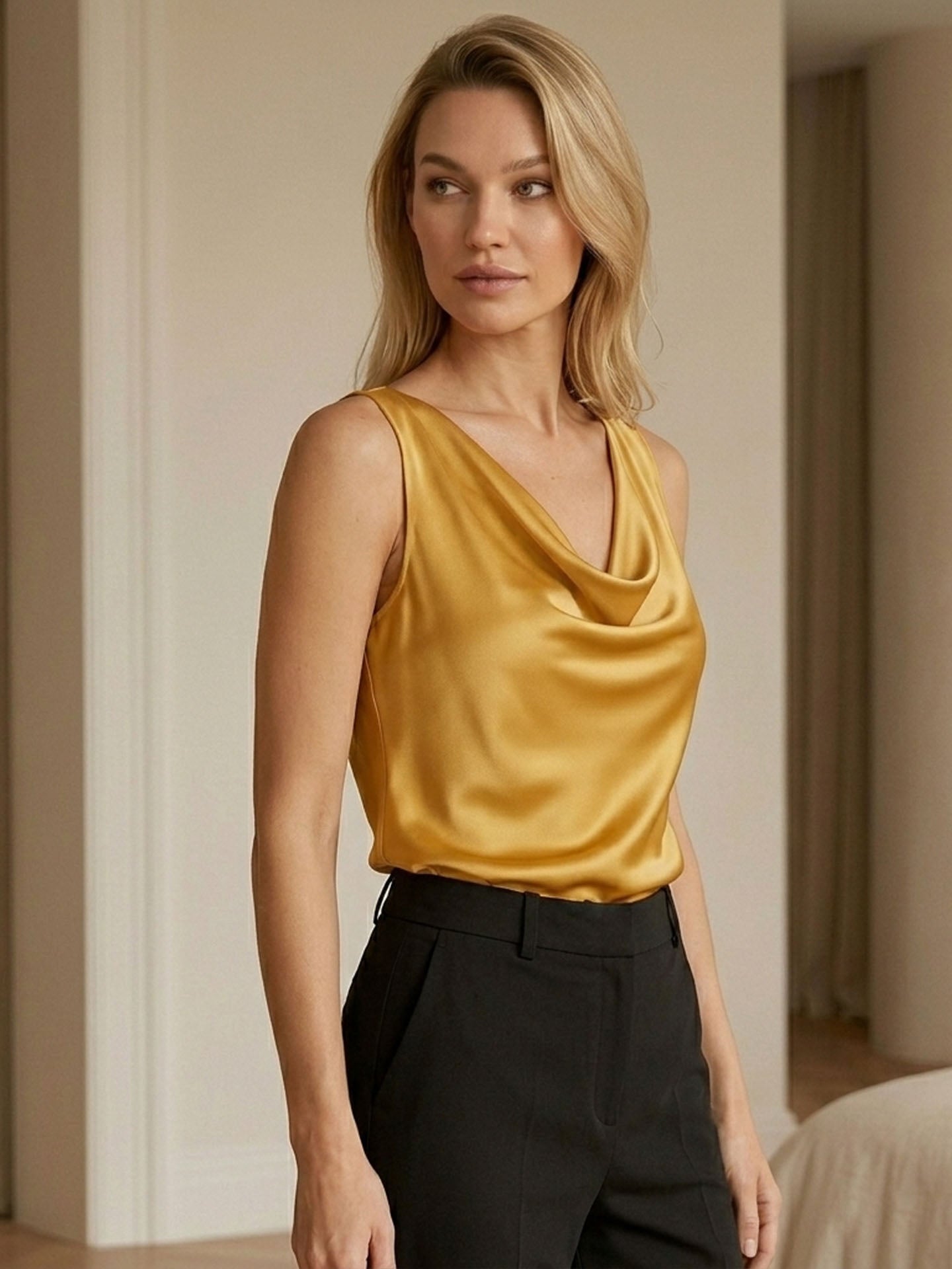 Sleeveless Cowl-Neck Stretch Silk Camisole#color_Golden Mustard