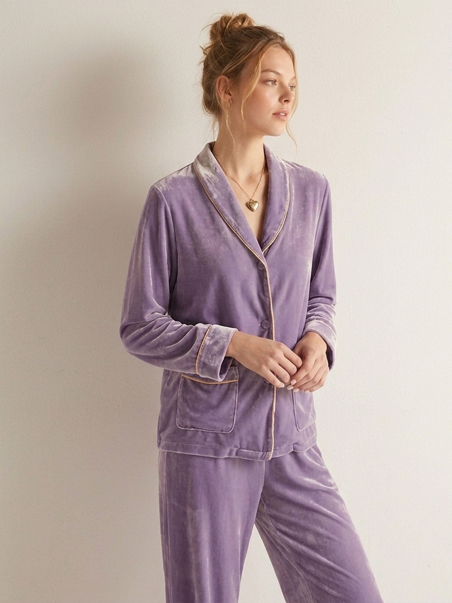 Velvet Shawl Collar Long Sleeve Trousers Suit#color_Lilac