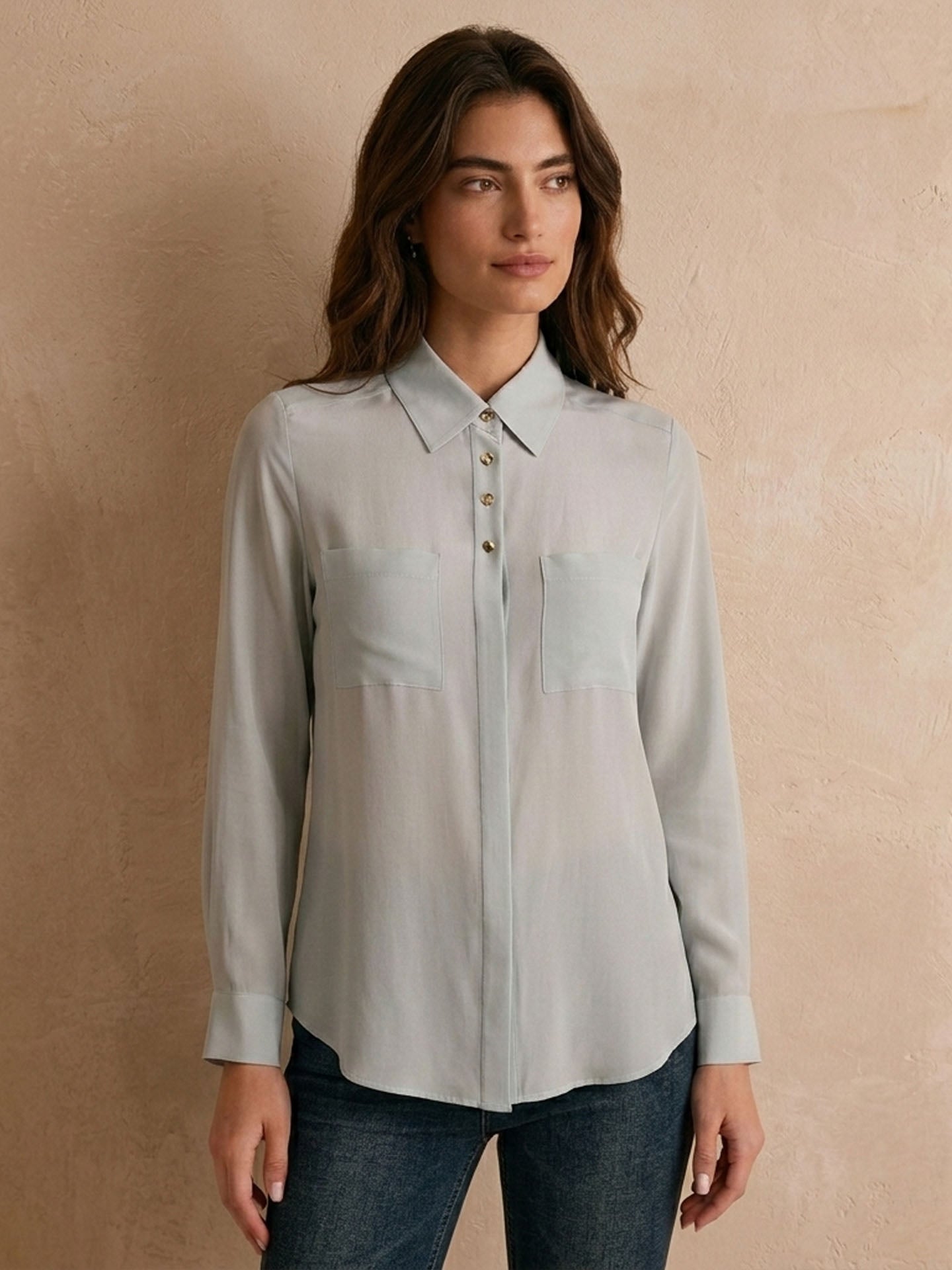 Simple silk crepe de chine shirt with concealed buttons #color_Baby Blue
