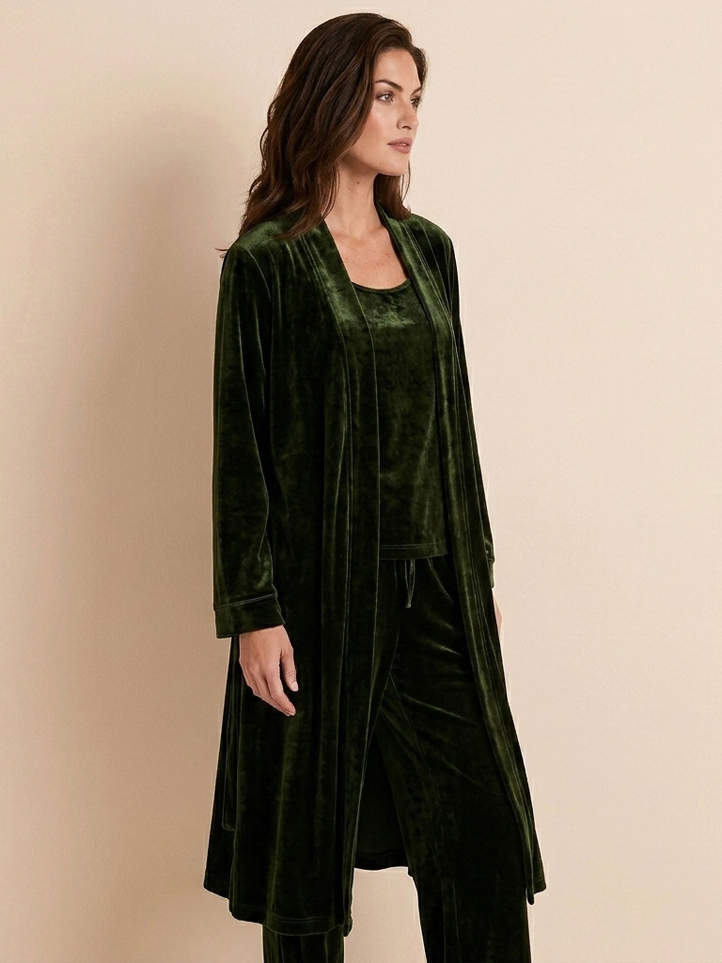 Velvet Suspender Trousers Set With Robe 3PCS #color_Dark Green