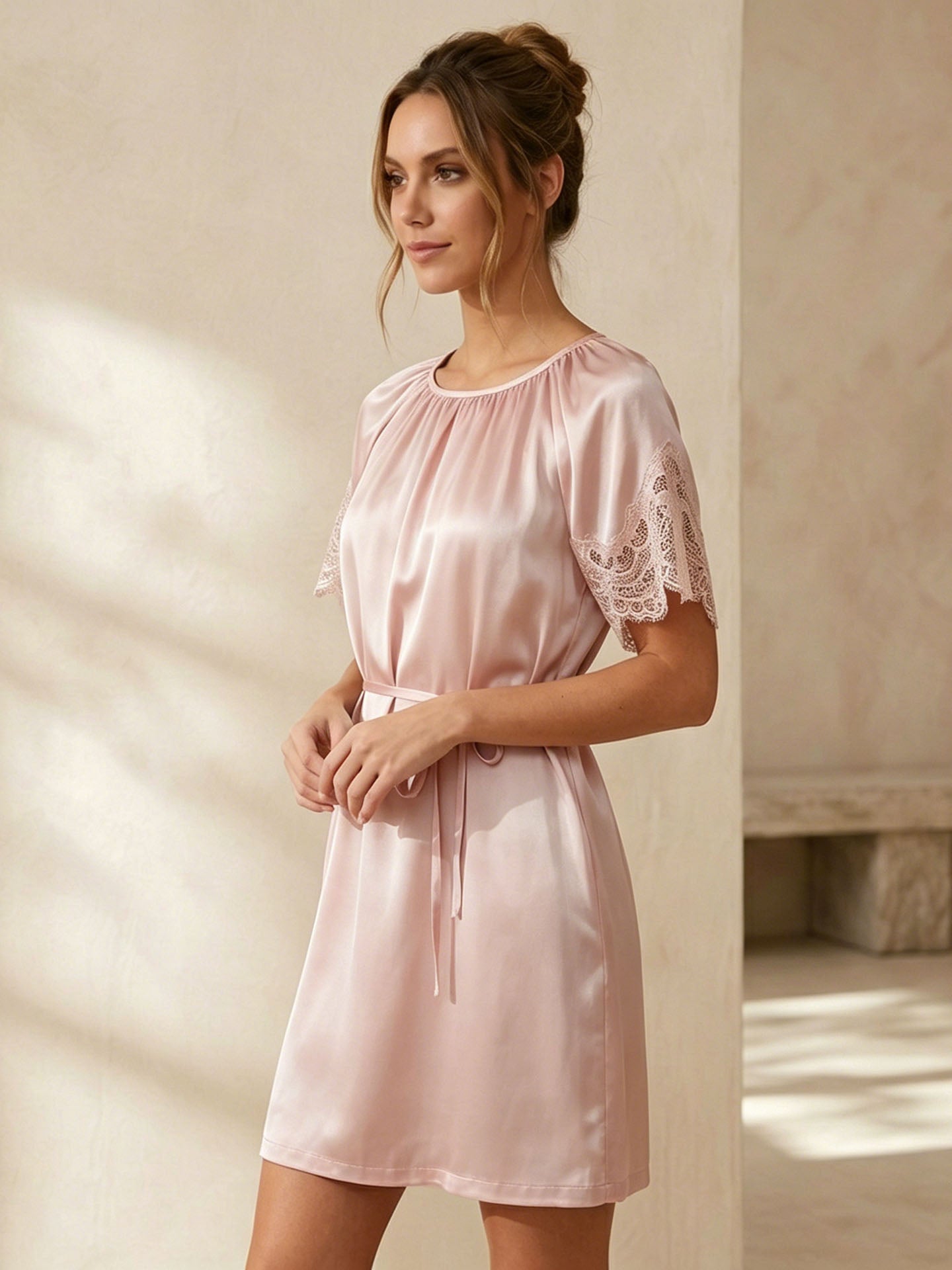 Lace Georgette Tie Nightdress #color_Blush Beige