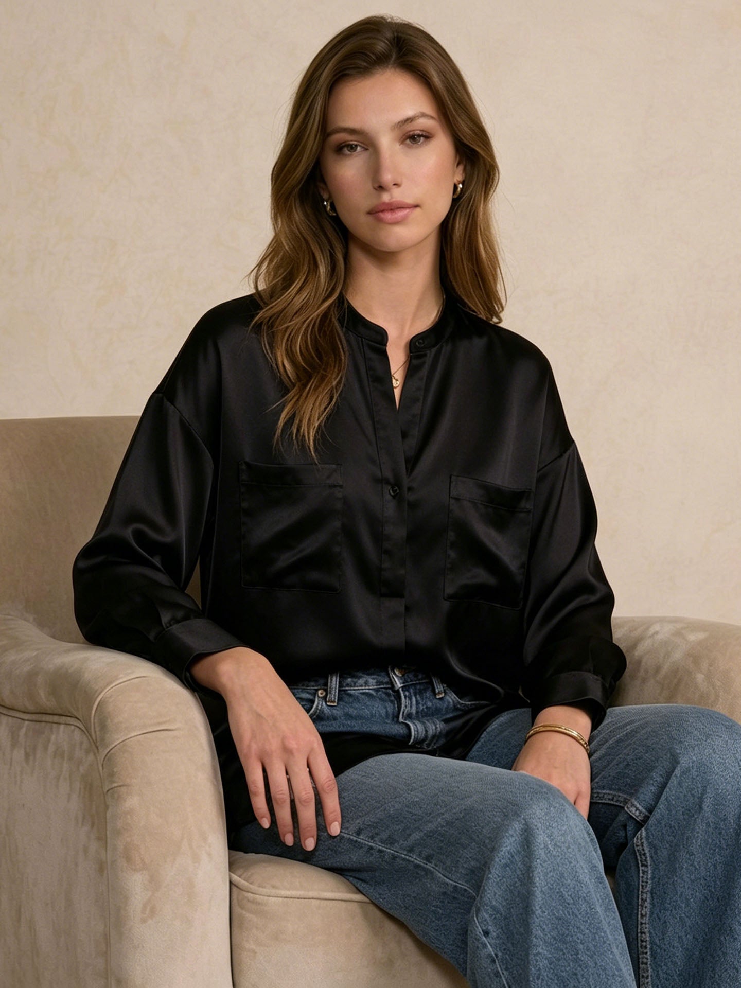 Luxe Deep V-Neck Mulberry Silk Long Sleeve Blouse#color_Black
