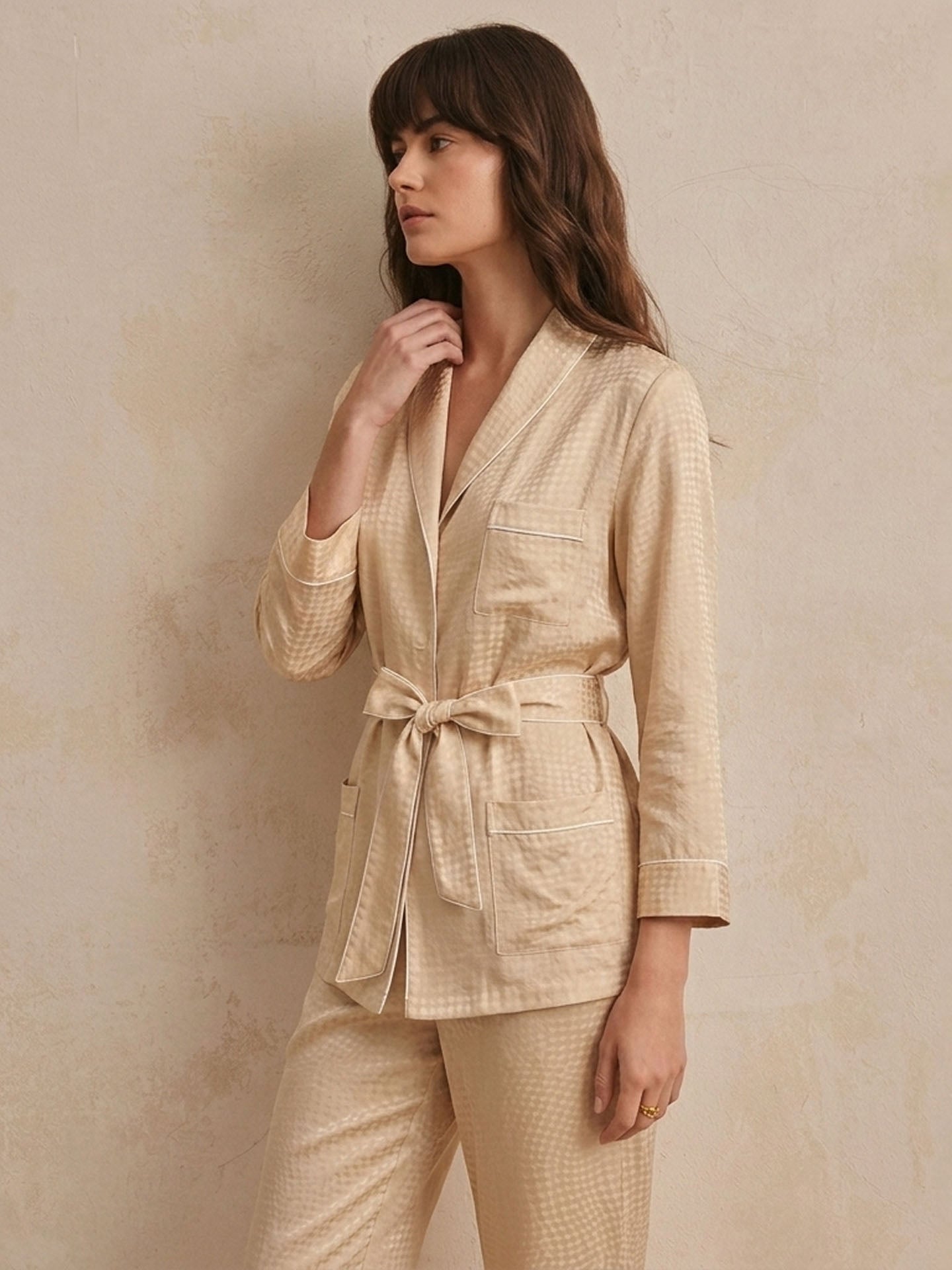 Houndstooth Jacquard Long Sleeve Pants Set #color_Light Gold