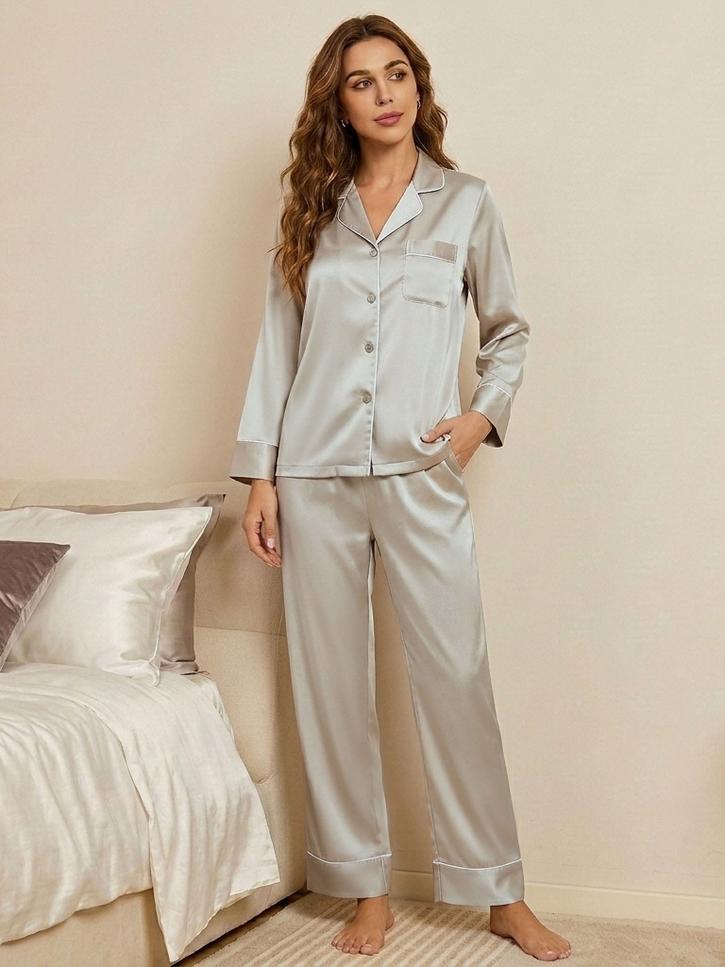 22 Momme Fashionable Long-sleeved and Long-pants Silk Suit #color_Grey
