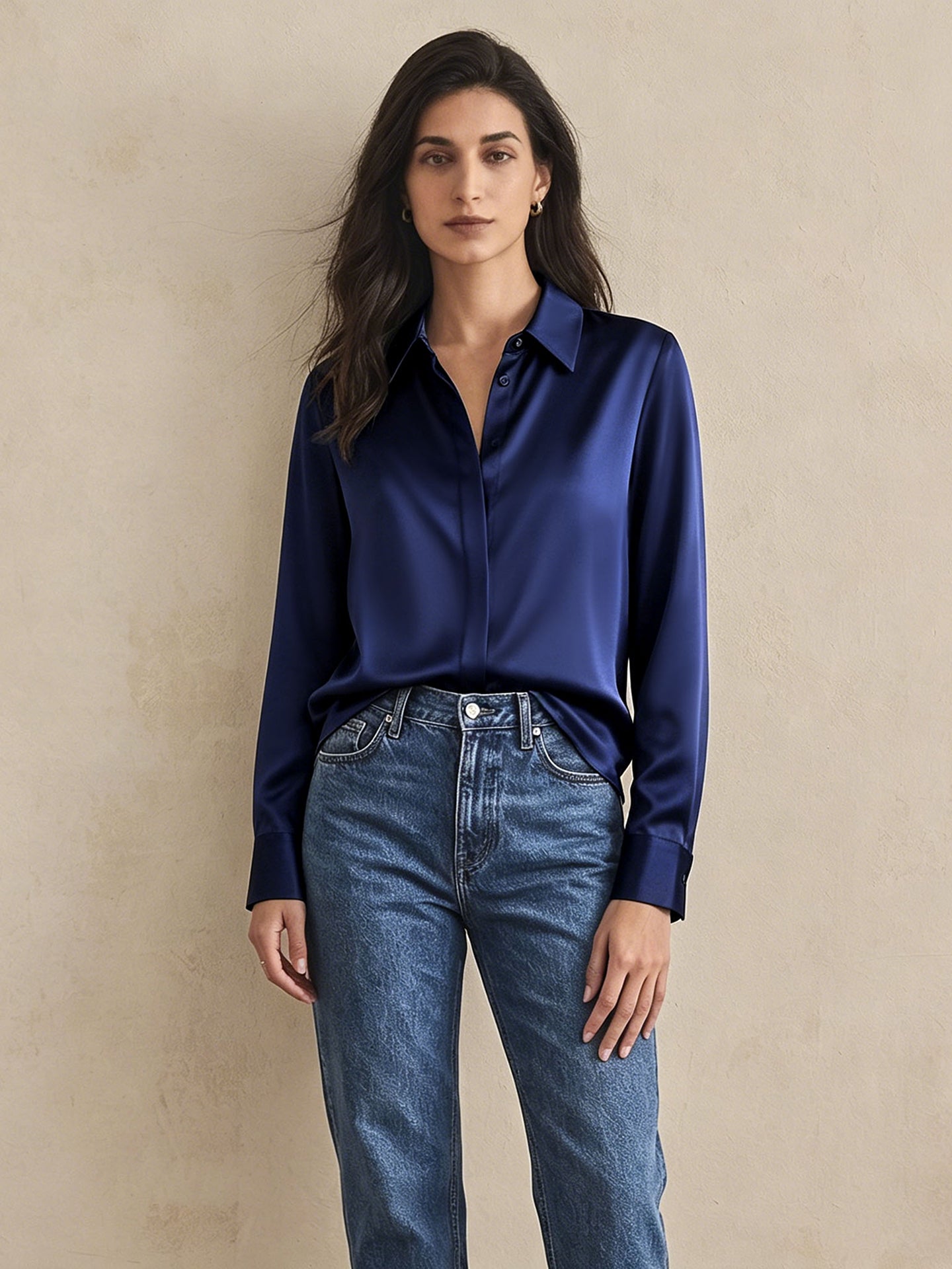 Versatile Elegance Stretch Silk Blouse#color_Navy