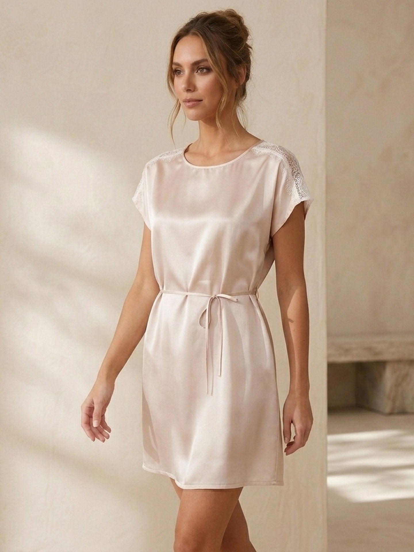 Round Neck Tie Skirt #color_Blush Beige