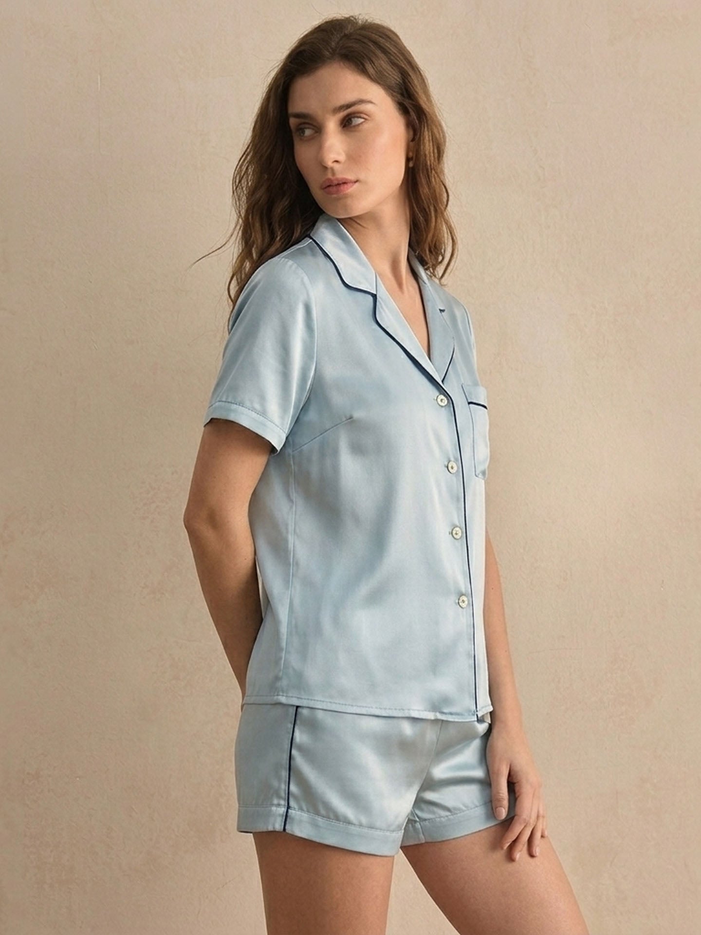 Casual Short-sleeved Shorts Silk Suit#color_Dusty Blue