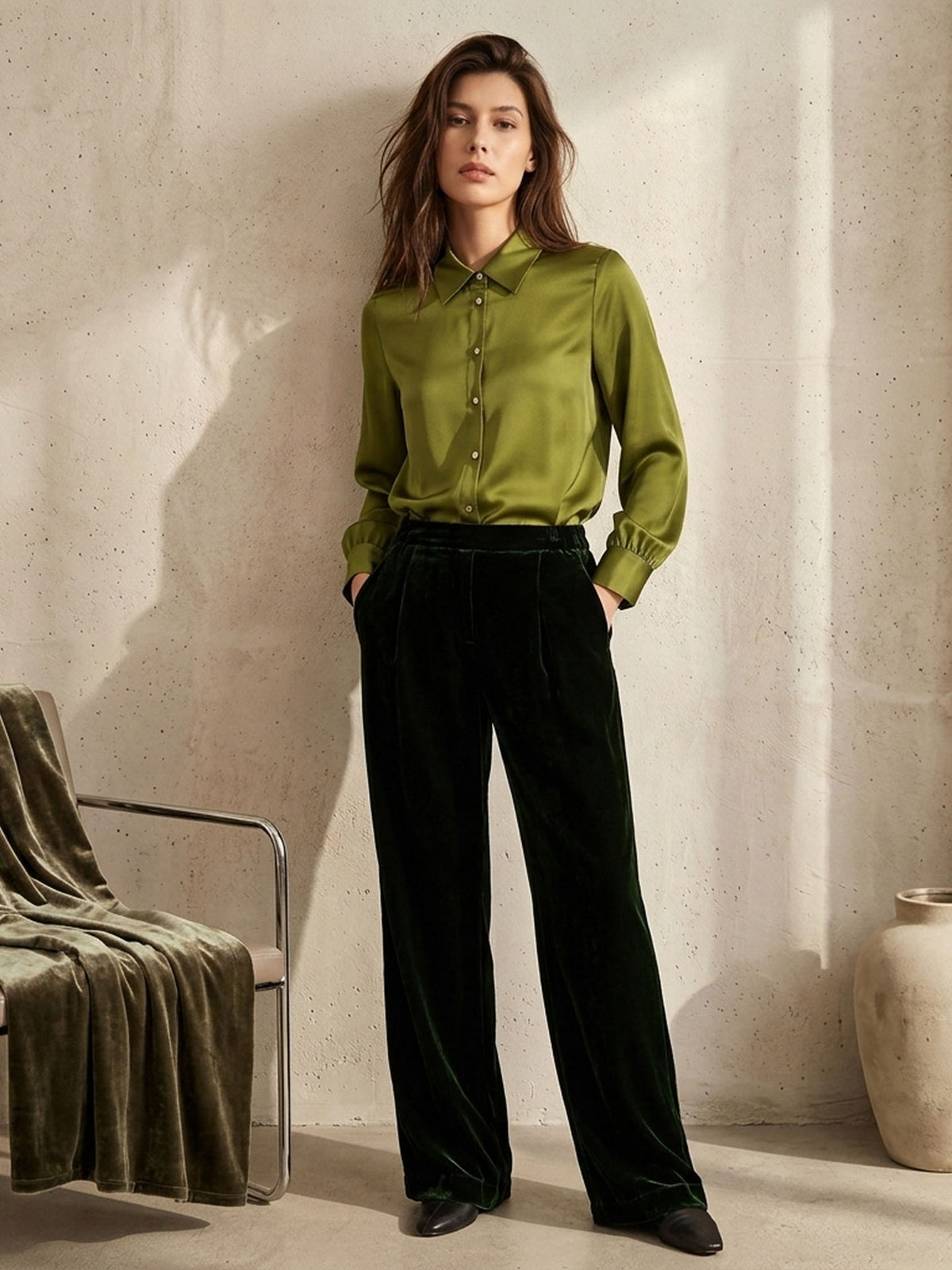 Stretch silk double joe shirt#color_Dark Olive