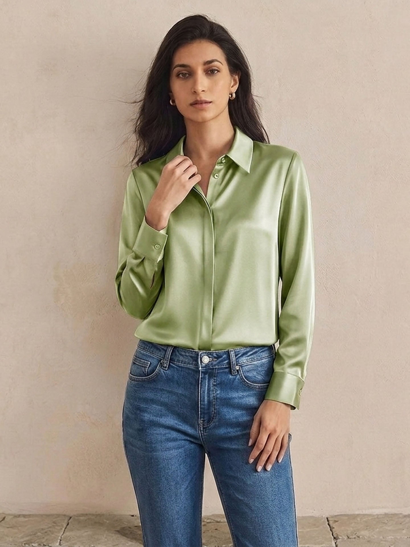 Versatile Elegance Stretch Silk Blouse#color Sage Green