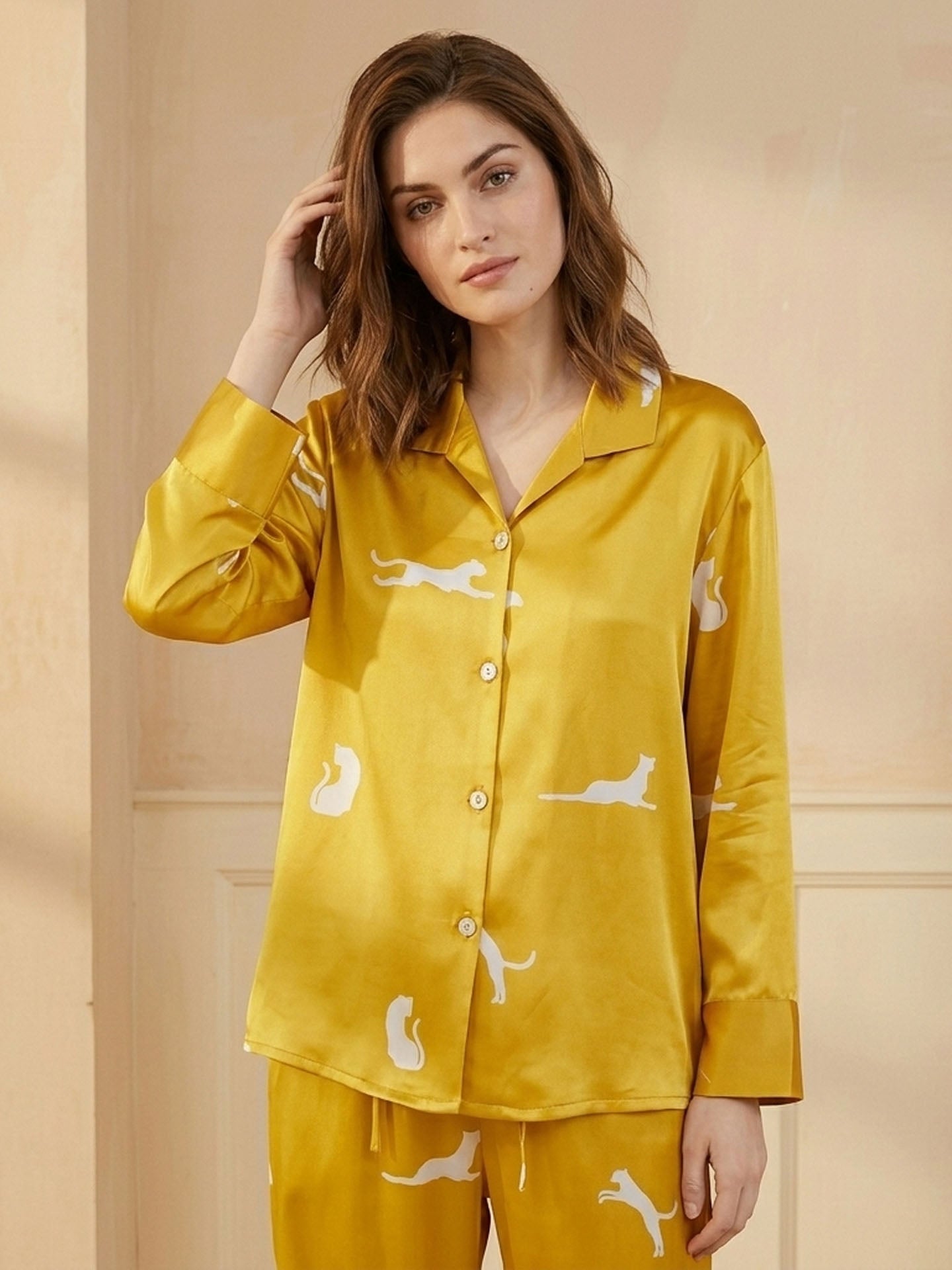 Leopard Print Long Sleeve Trousers Suit #color_Turmeric