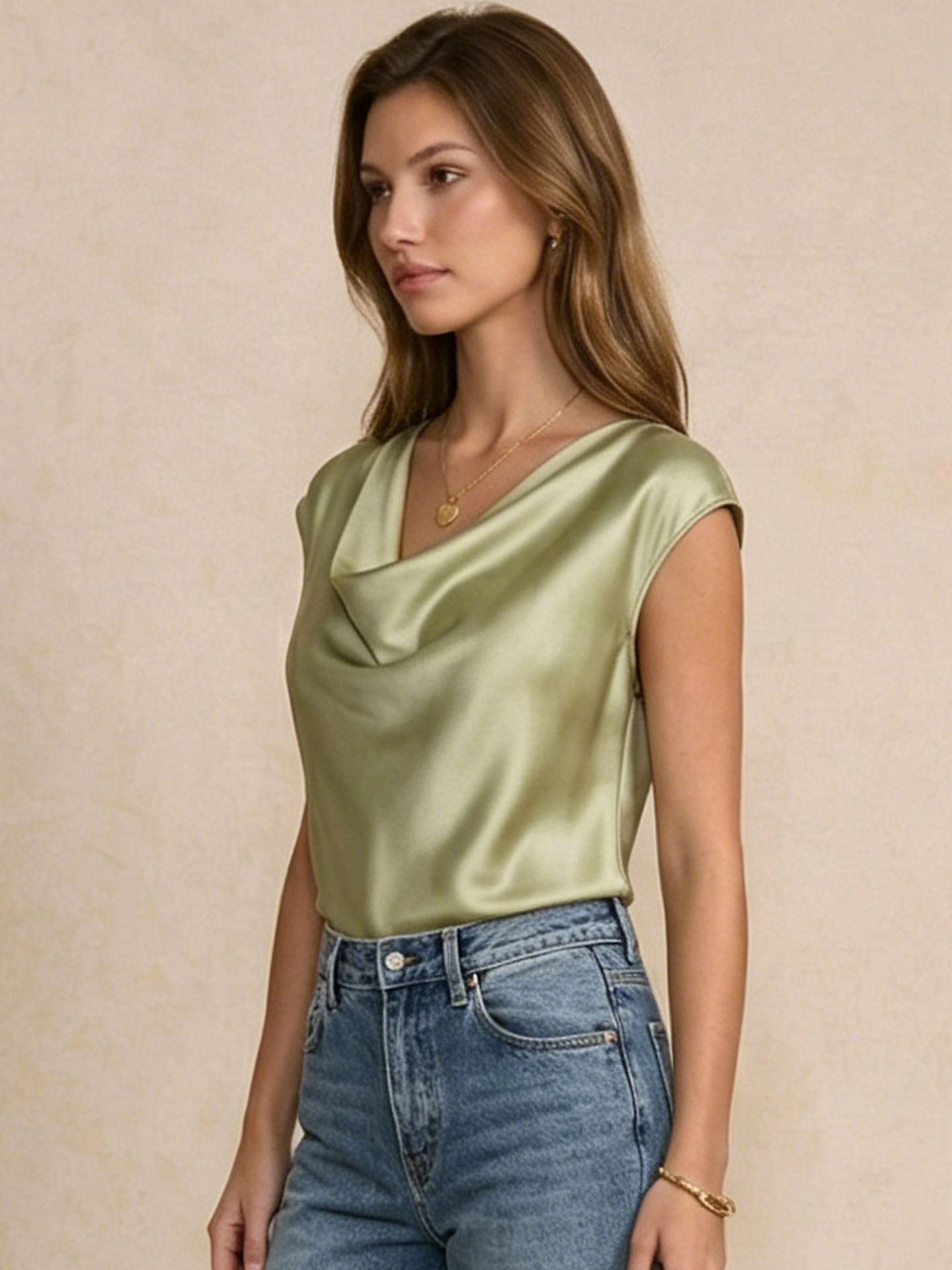 Silk Cowl Neck Cap-Sleeve Top#color_Sage Green