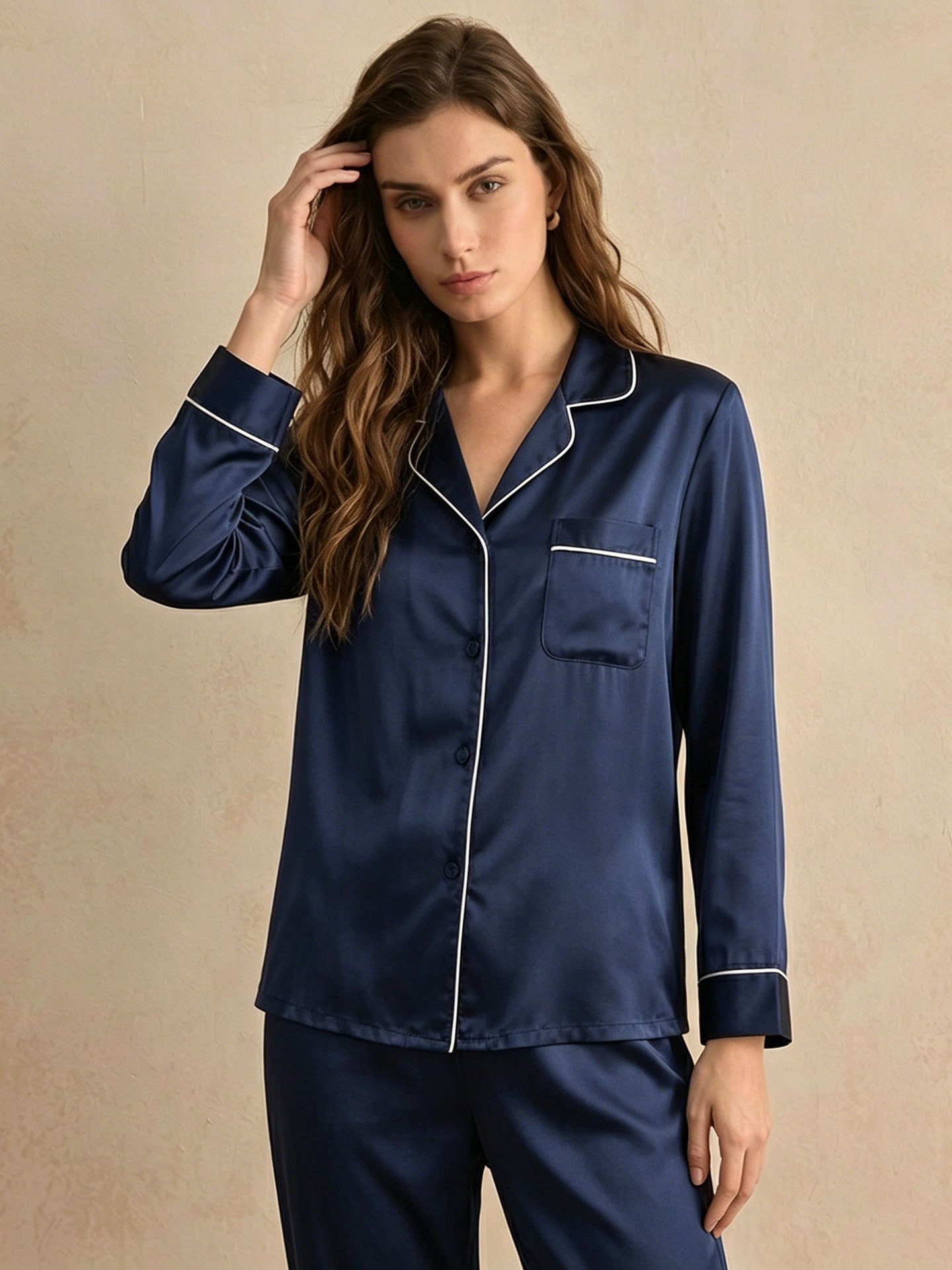 Classic Silk Long Sleeve Long Pants Pajama Set #color_Navy