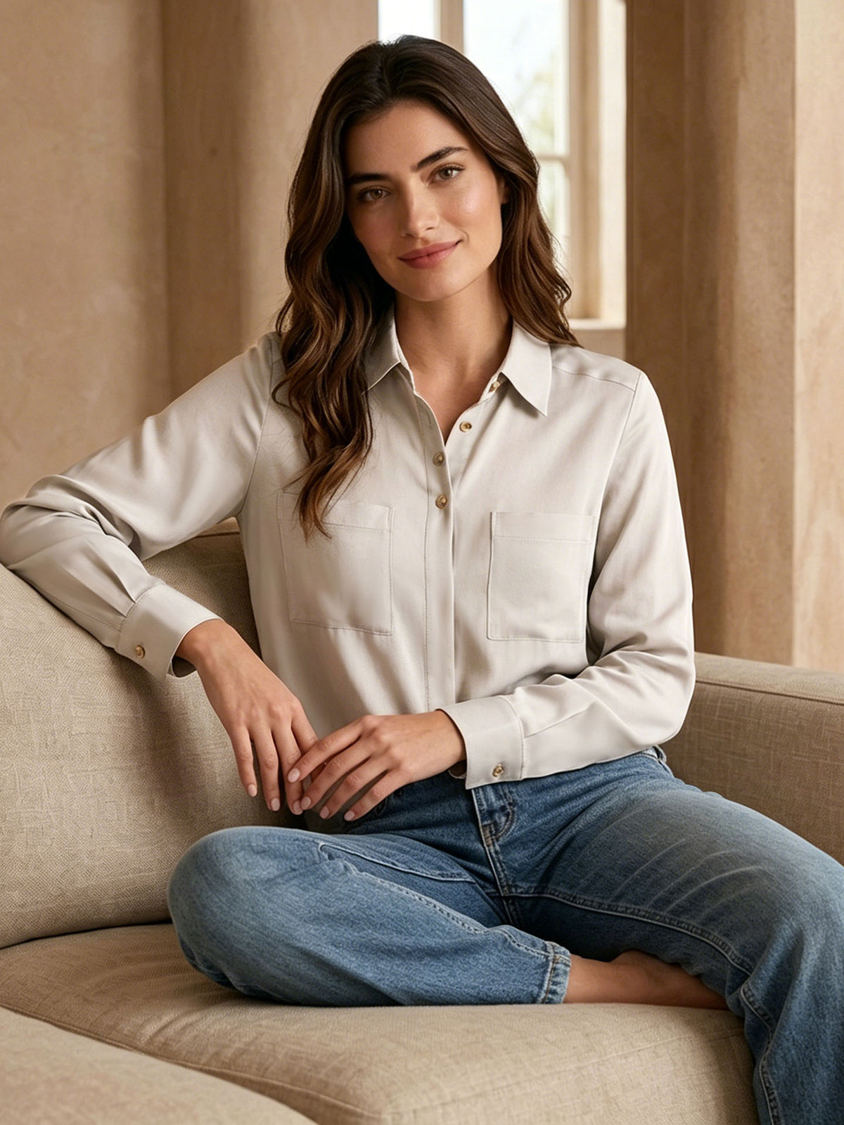Simple silk crepe de chine shirt with concealed buttons #color_Light Grey