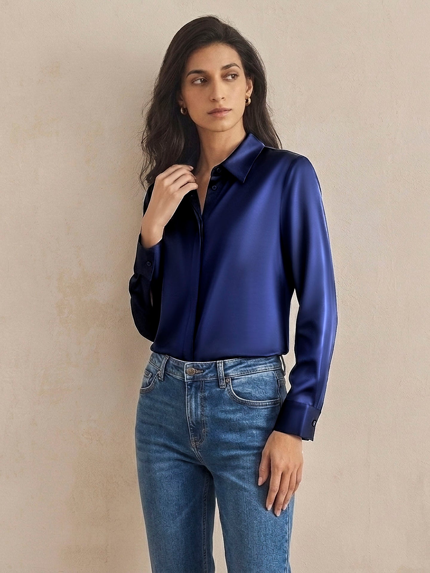 Versatile Elegance Stretch Silk Blouse#color_Navy