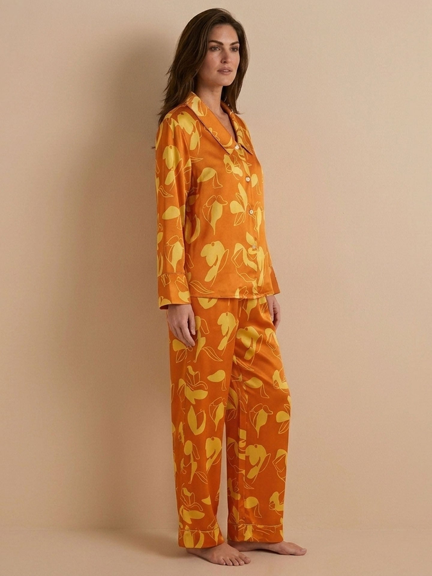 Orange Printed Silk Pajama Set #color_Orange Print