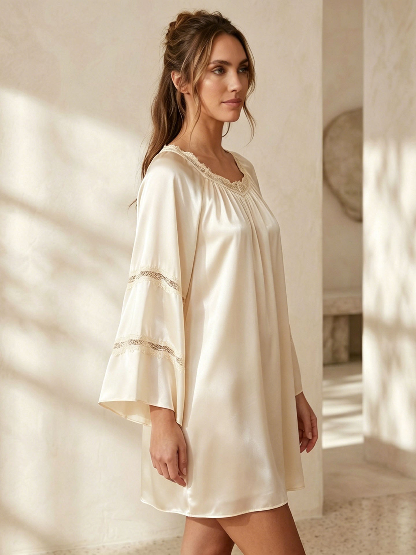 Lace pleated nightdress #color_Light Gold