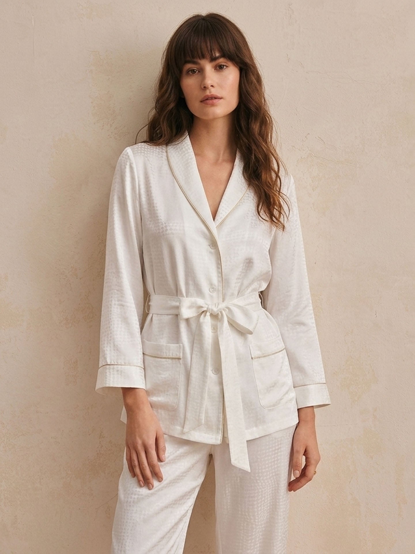 Houndstooth Jacquard Long Sleeve Pants Set #color_White