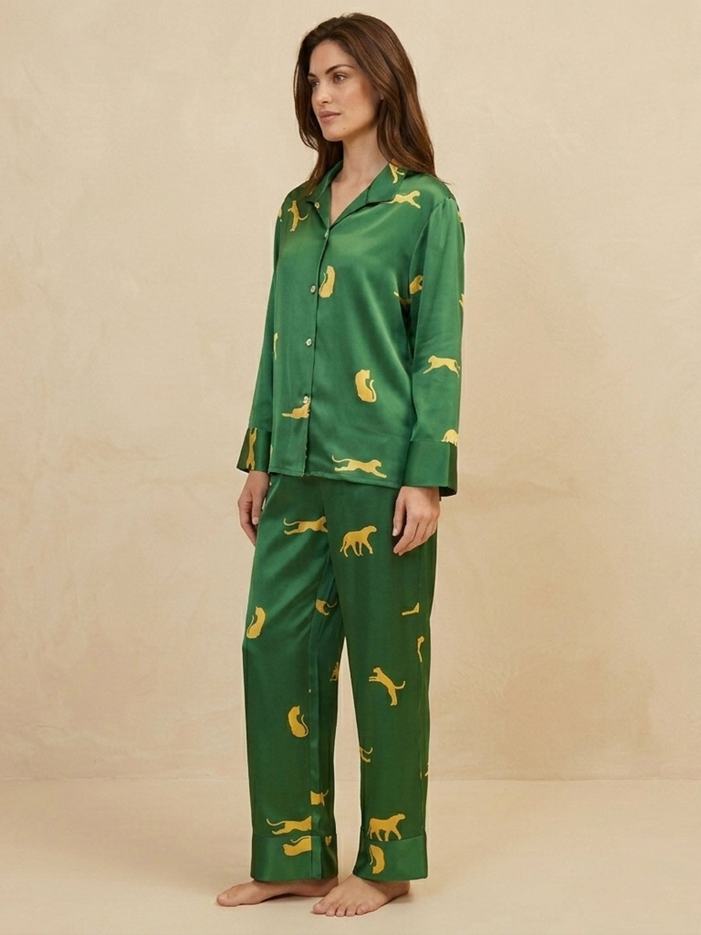 Leopard Print Long Sleeve Trousers Suit #color_Dark green