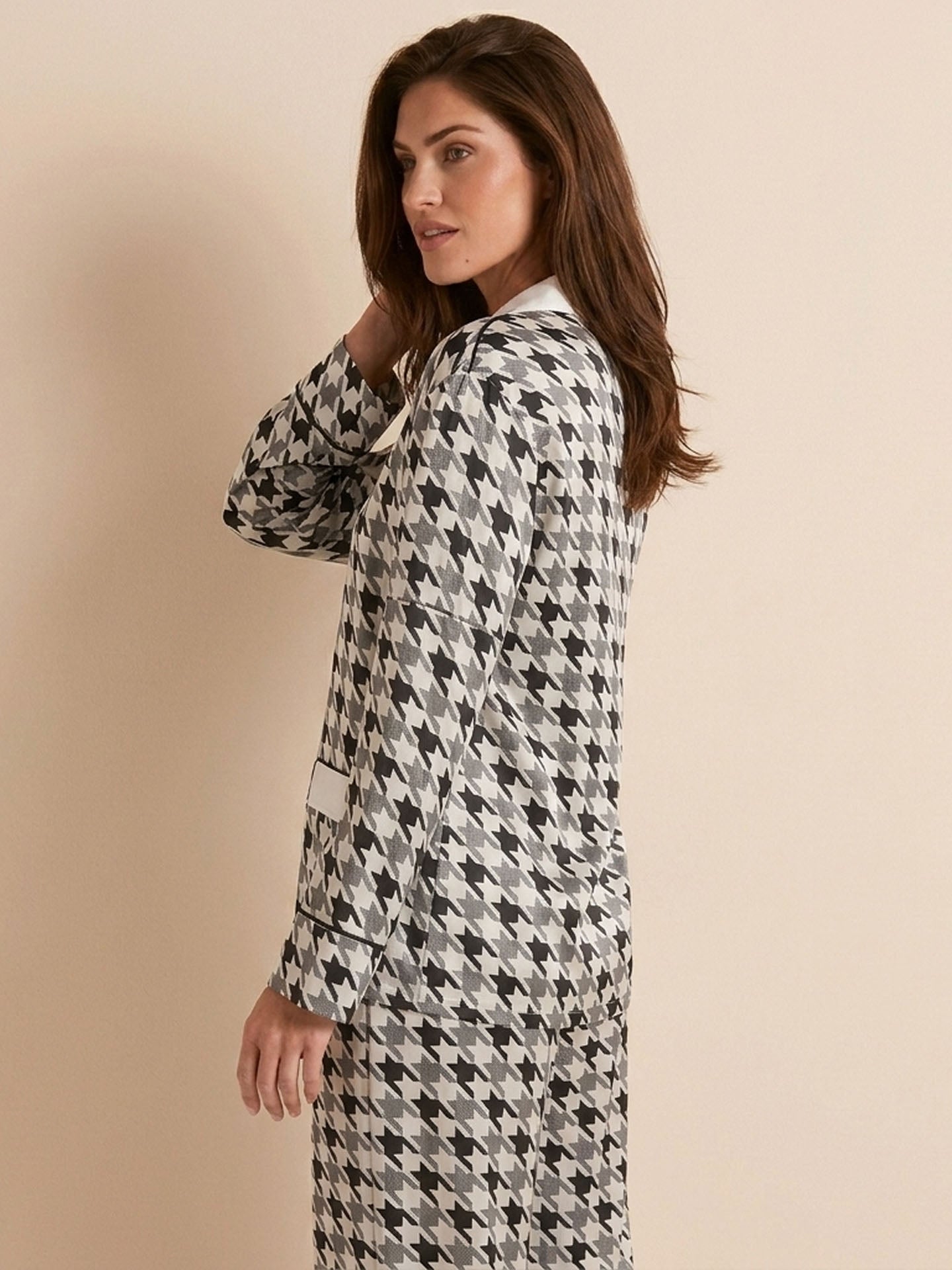 Classic Contrast Houndstooth Print Long Sleeve Trousers Se#color_Houndstooth print