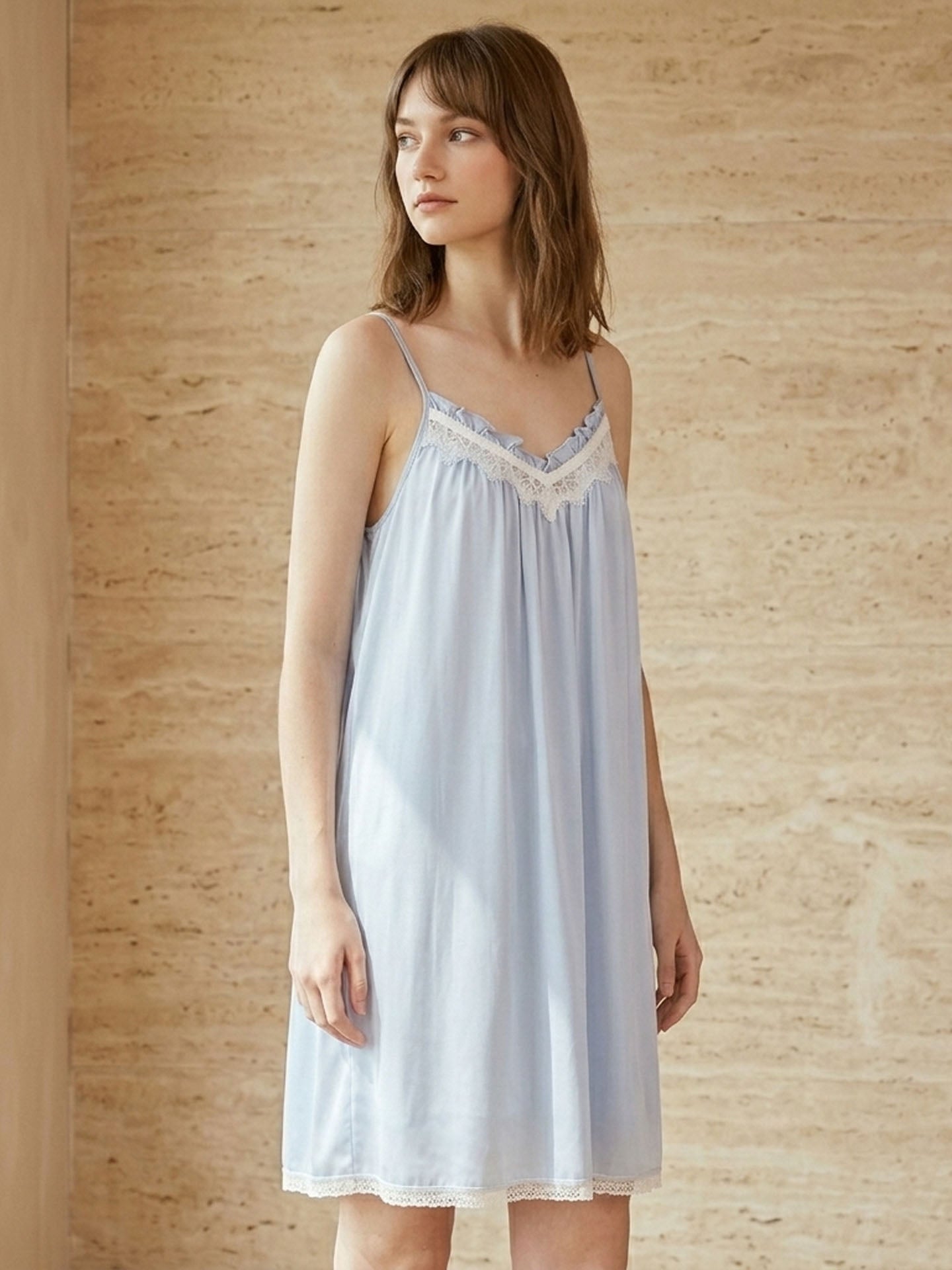 Lace splicing flowing camisole dress #color_Baby Blue