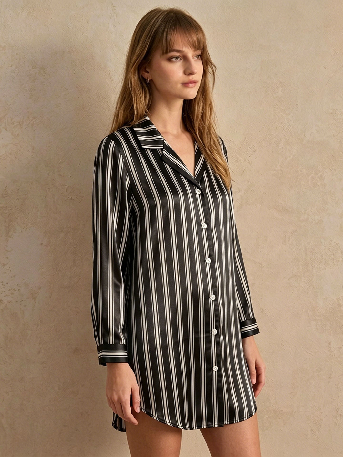 Striped Print Shirt Dress #color_Black