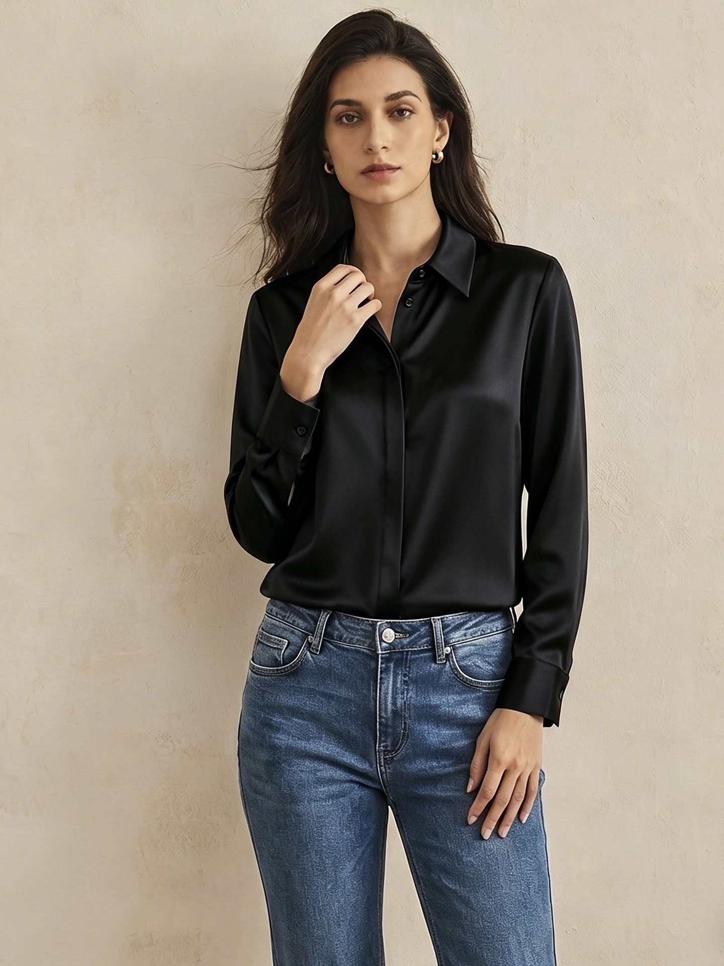 Versatile Elegance Stretch Silk Blouse#color_Black