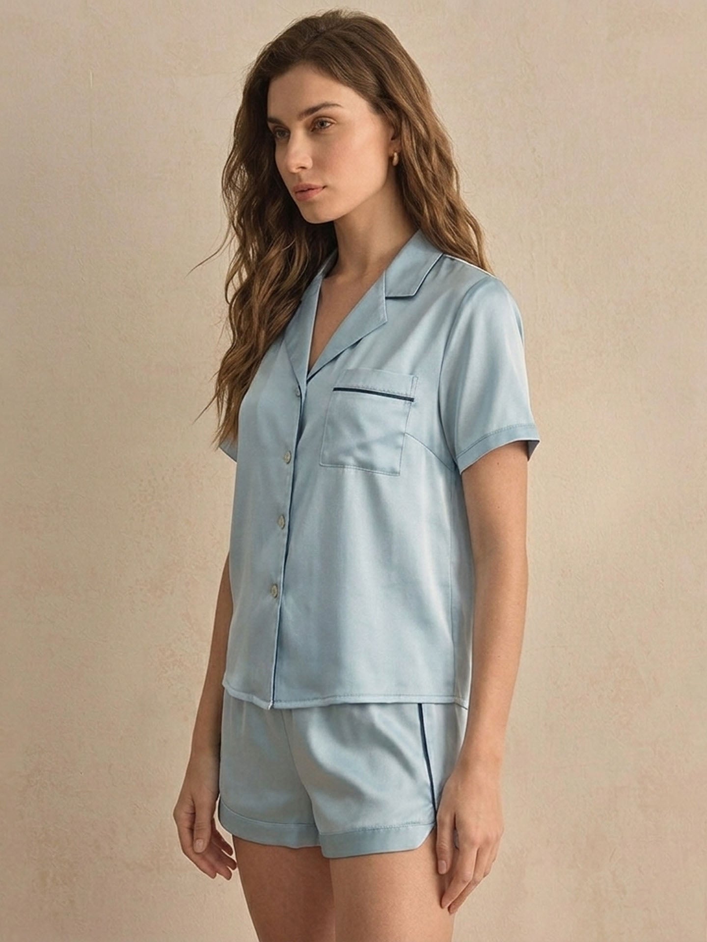 Casual Short-sleeved Shorts Silk Suit#color_Dusty Blue
