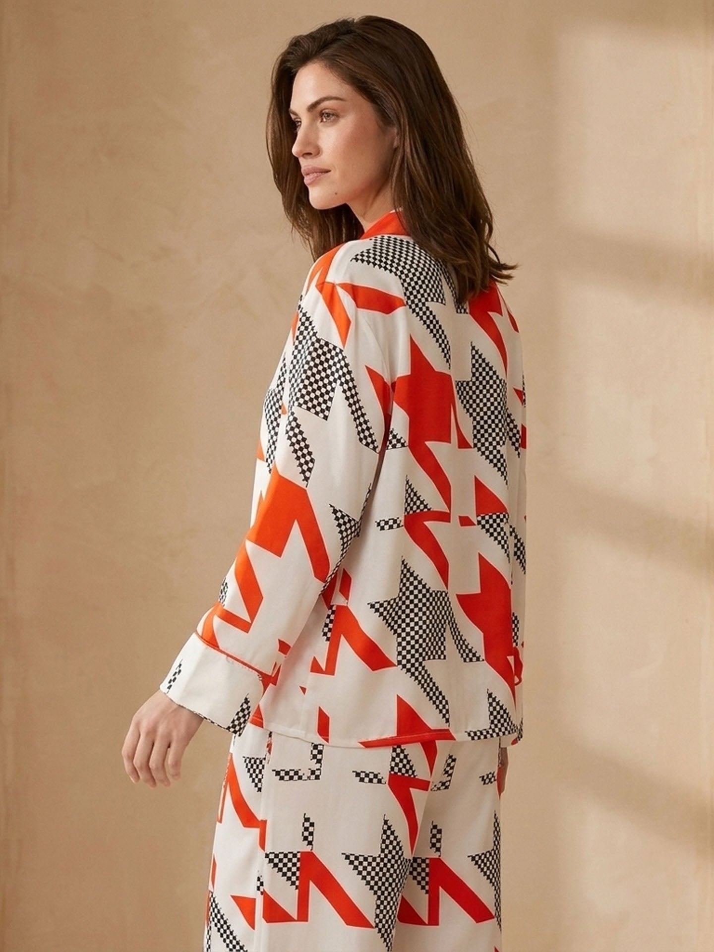 Fashion Contrast Houndstooth Print Long Sleeve Trousers Se#color_Houndstooth print