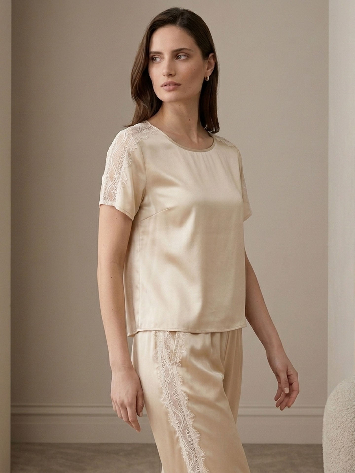 Lace Patchwork Short-sleeved Trousers Suit #color Blush Beige
