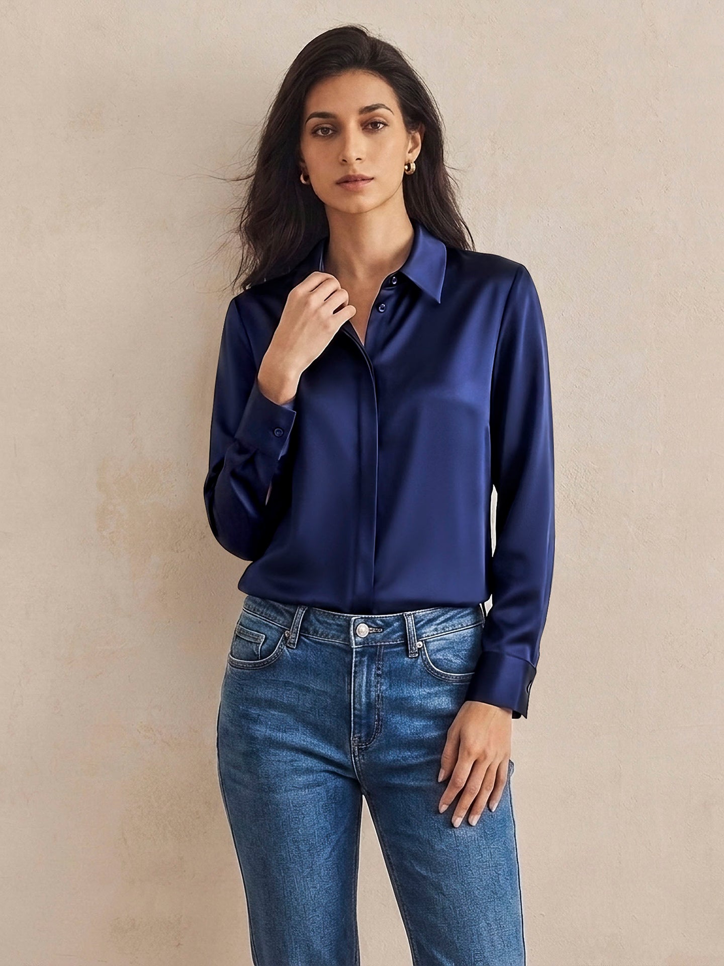 Versatile Elegance Stretch Silk Blouse#color_Navy