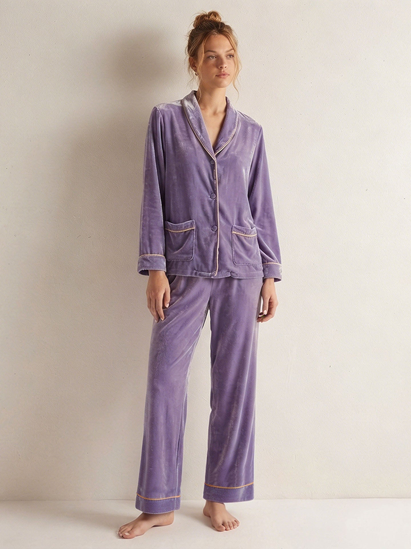 Velvet Shawl Collar Long Sleeve Trousers Suit#color_Lilac