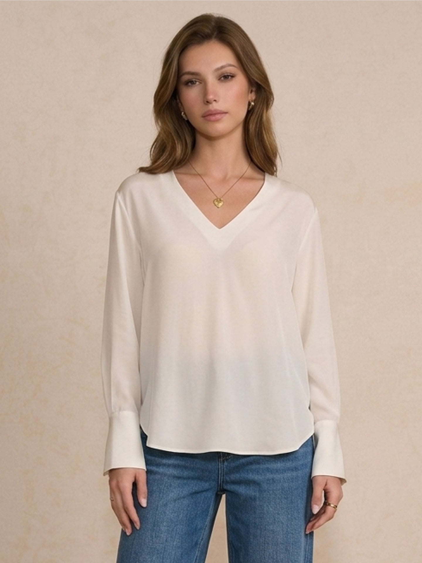 V-Neck Drop Shoulder Silk Blouse#color_White
