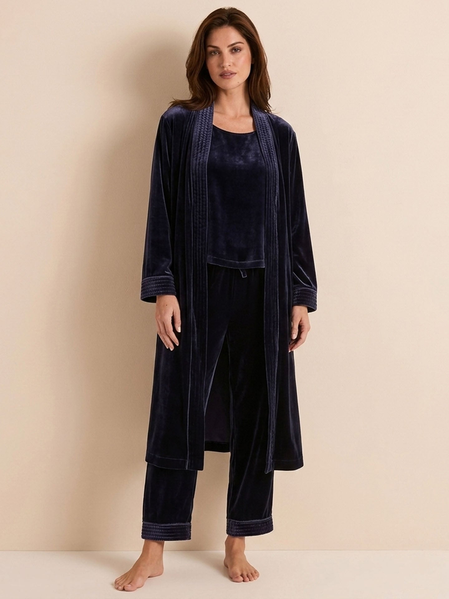 Velvet Suspender Trousers Set With Robe 3PCS #color_Deep Purple