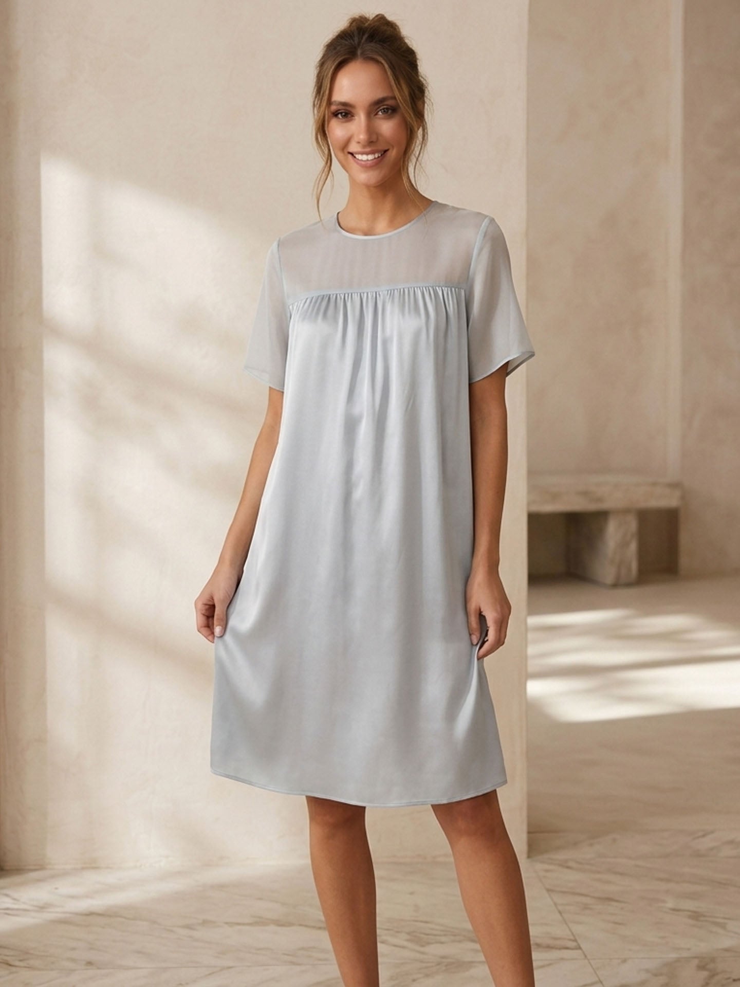 Georgette Stitching Elegant Nightdress #color_Baby Blue