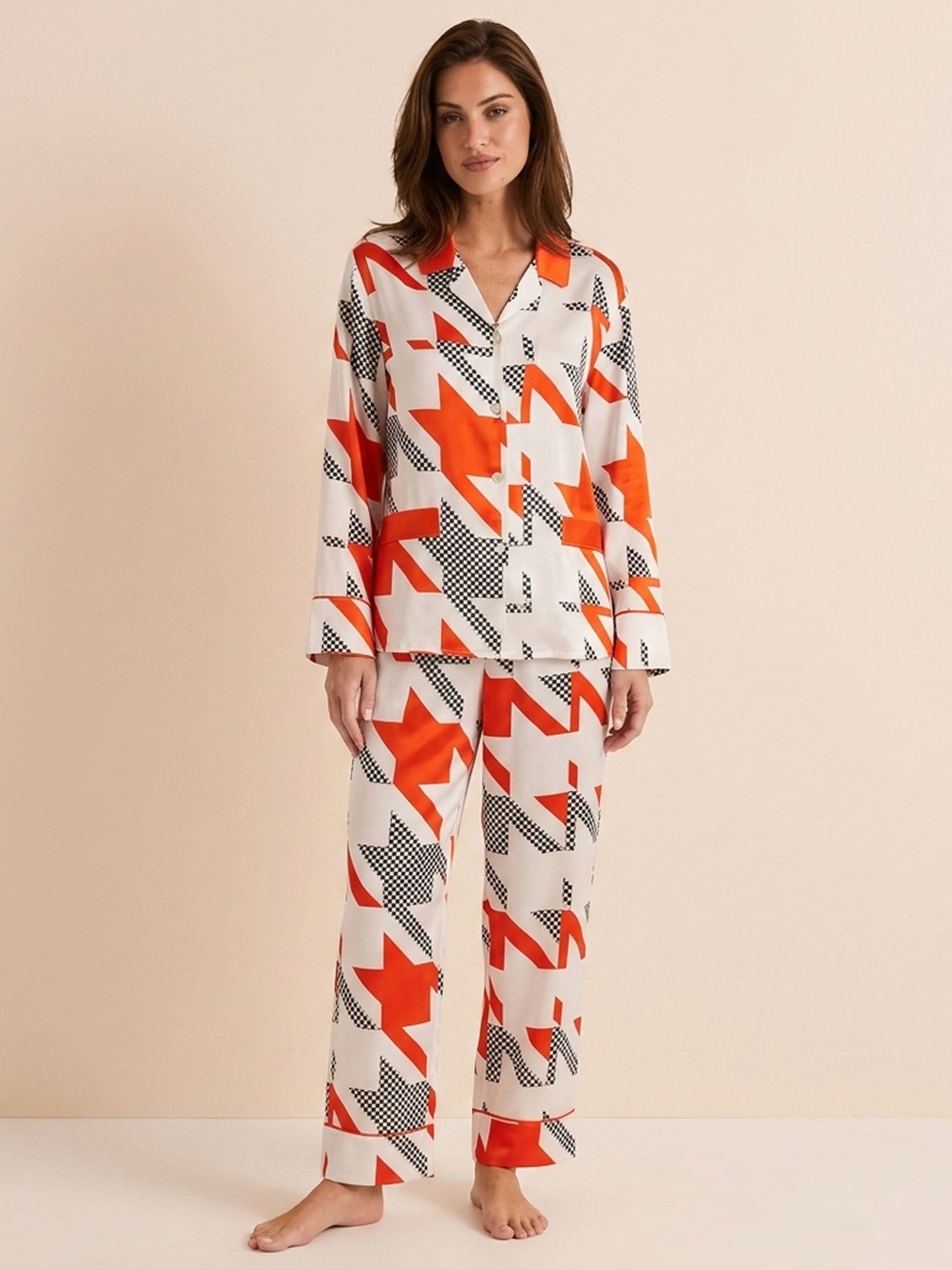 Fashion Contrast Houndstooth Print Long Sleeve Trousers Se#color_Houndstooth print
