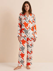 Fashion Contrast Houndstooth Print Long Sleeve Trousers Se#color_Houndstooth print