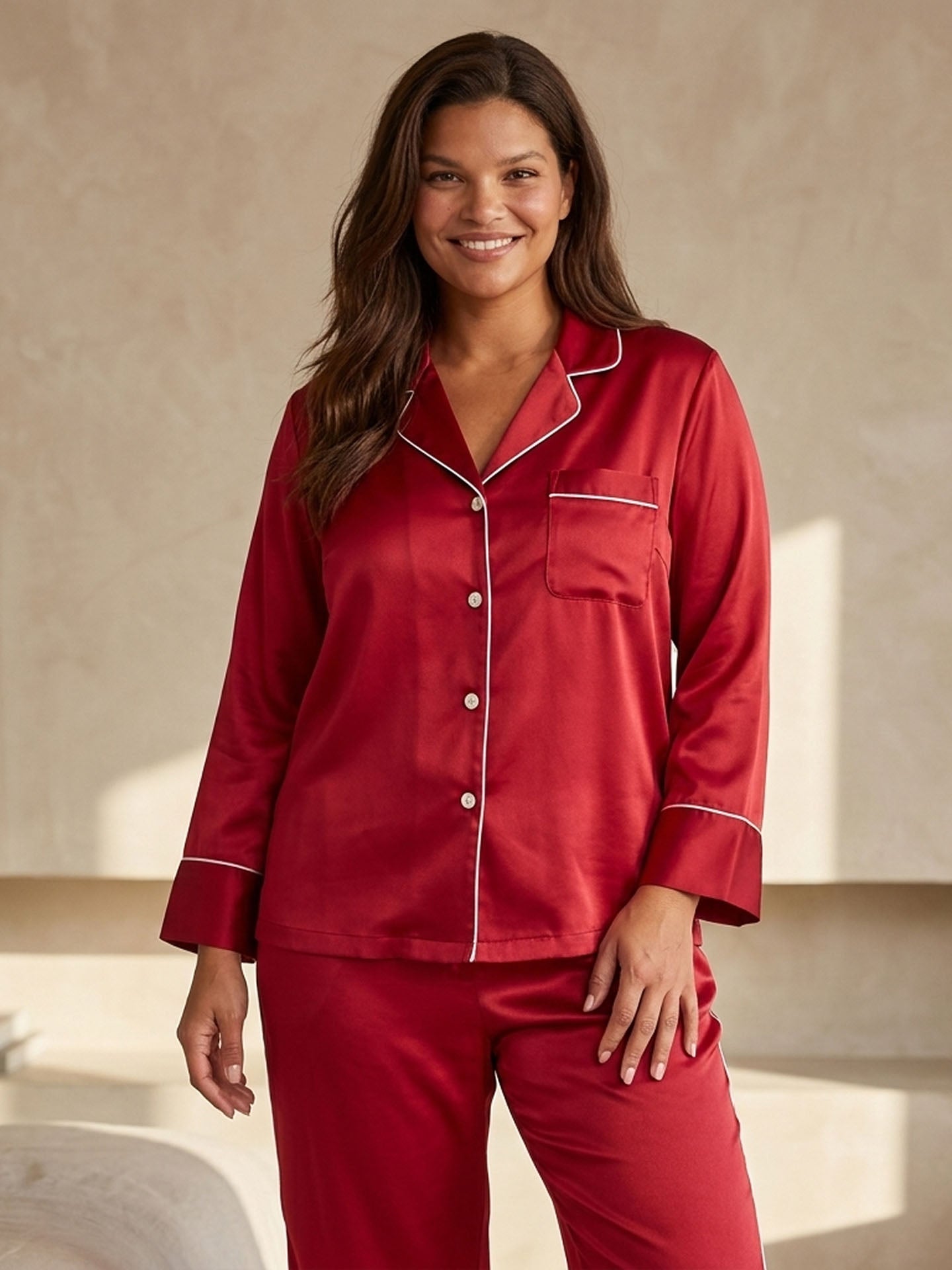 22 Momme Fashionable Long-sleeved and Long-pants Silk Suit #color_Red